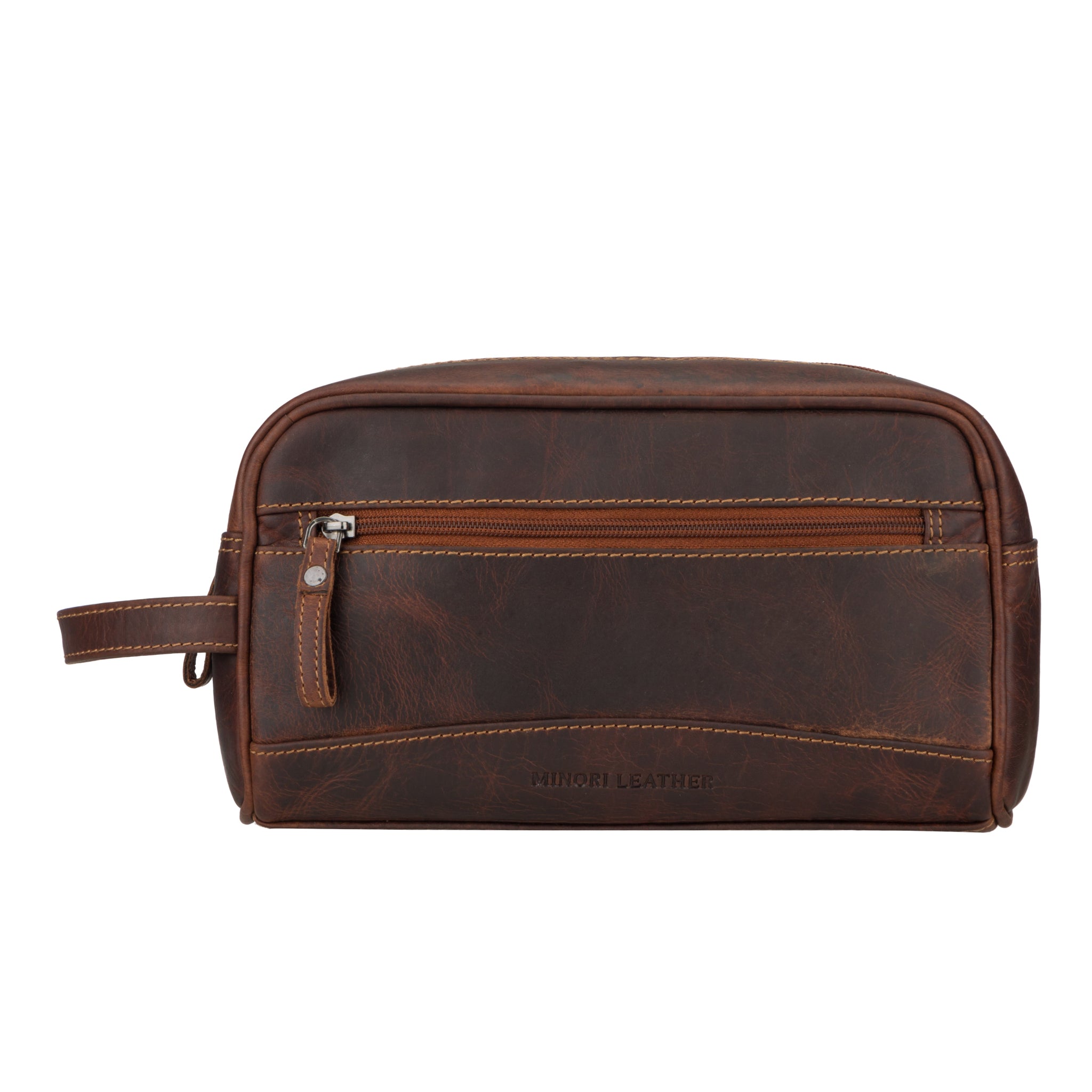 Leather toiletry bag for men by Minori Leather, Montana Chestnut premium leather travel essentials, compact and stylish.