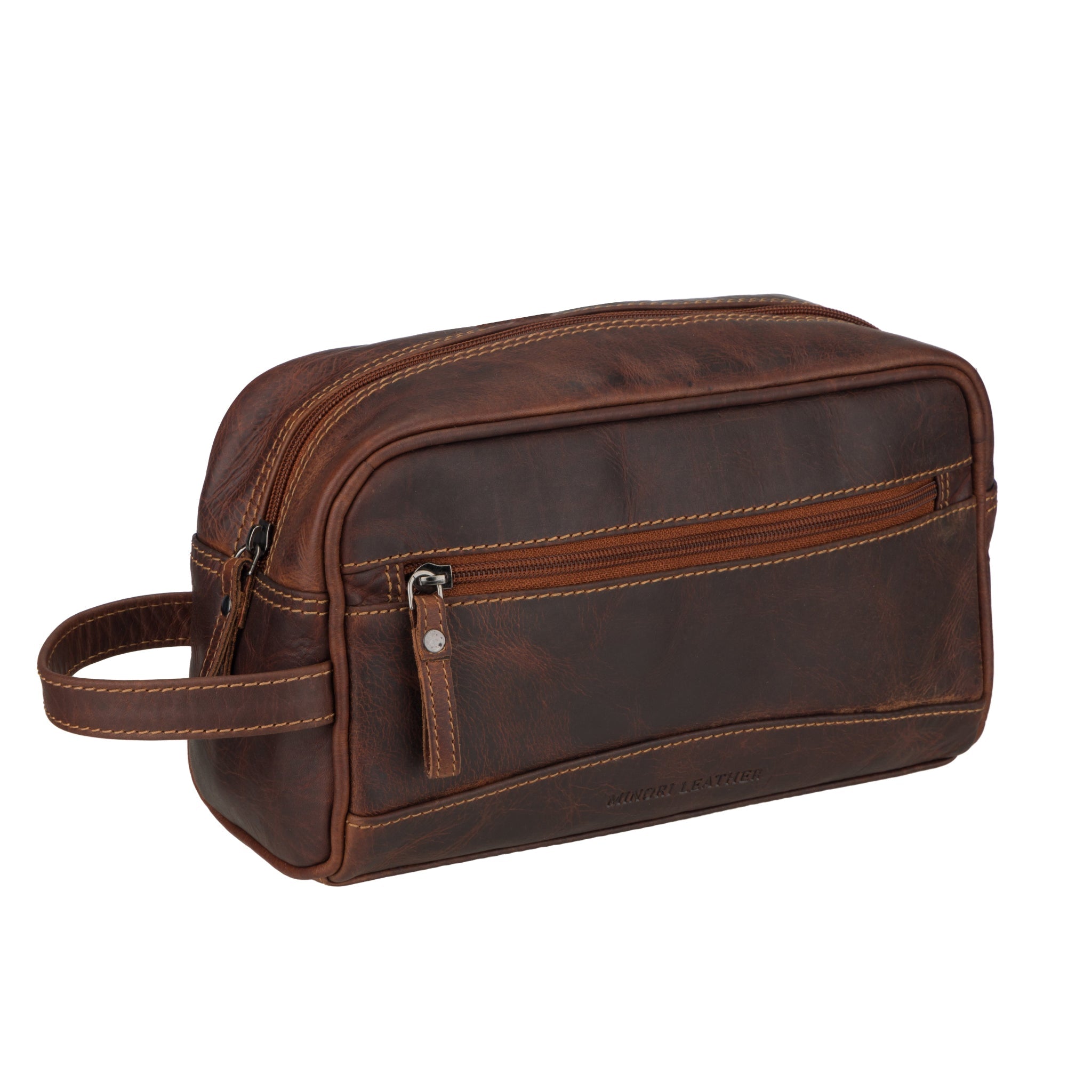 Minori Leather Montana chestnut leather toiletry bag for men with multiple compartments and durable stitching.