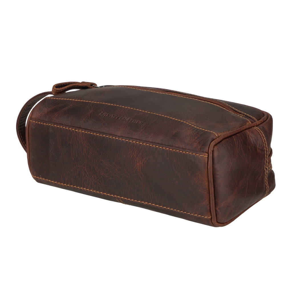 Leather toiletry bag for men by Minori Leather, Montana Chestnut premium leather travel accessory with compartments.