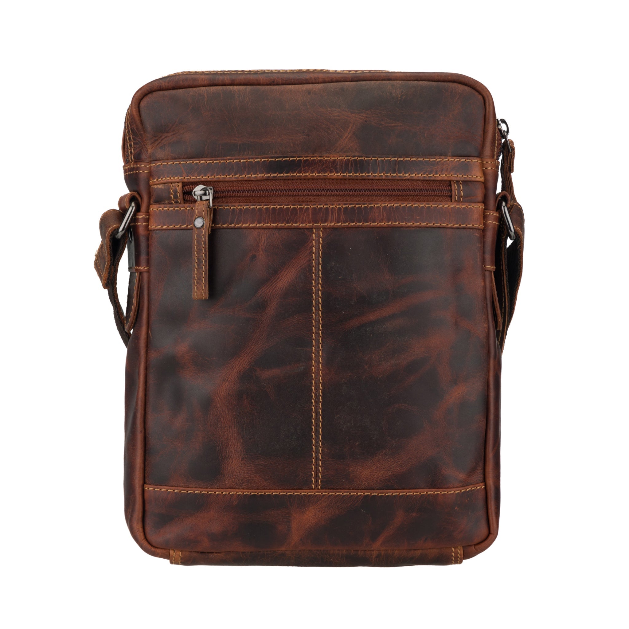 Minori Leather Denver unisex leather crossbody bag in chestnut, featuring adjustable strap and sleek design.