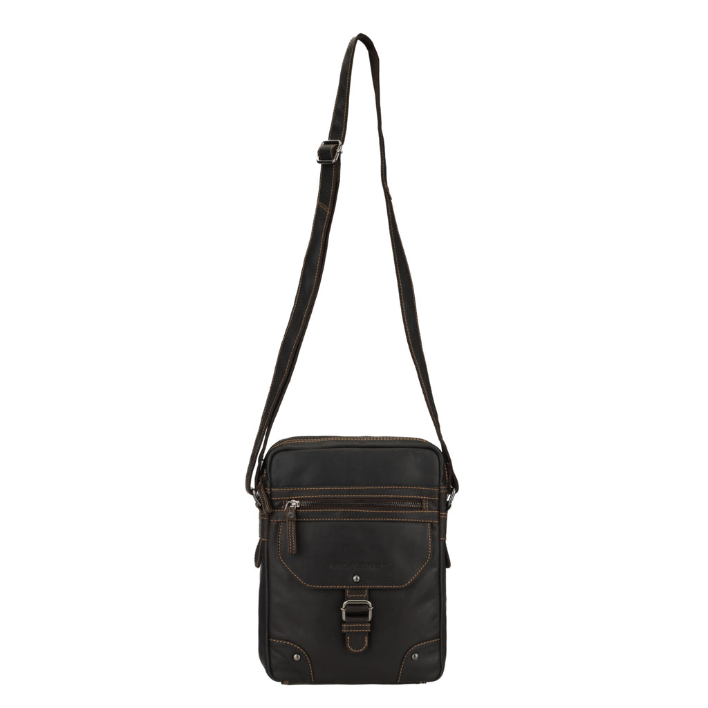 Brown Denver Leather crossbody bag by Minori Leather, unisex design with adjustable strap and durable leather construction.