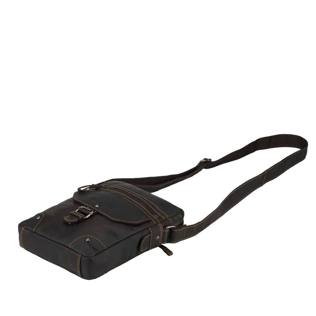 Brown Denver Leather Crossbody Bag by Minori Leather, unisex design with adjustable strap and sleek leather finish.