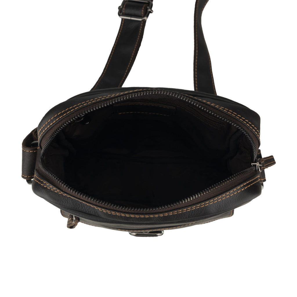Brown Denver Leather crossbody bag by Minori Leather, unisex design with adjustable strap and sleek leather finish.