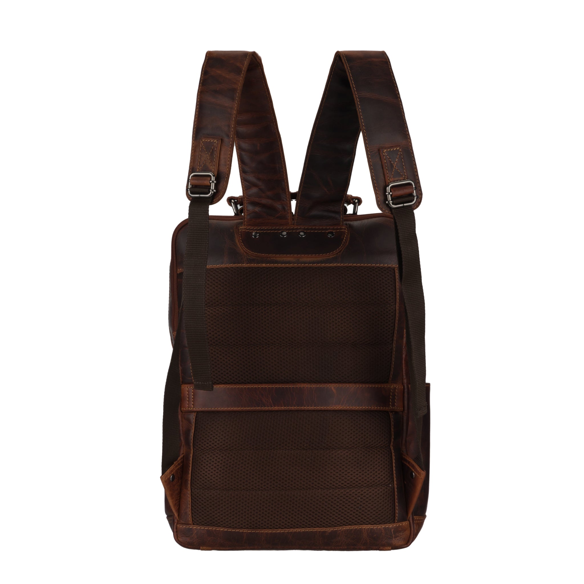 Minori Leather Orlando unisex 16-inch chestnut leather backpack with adjustable straps and front pocket.