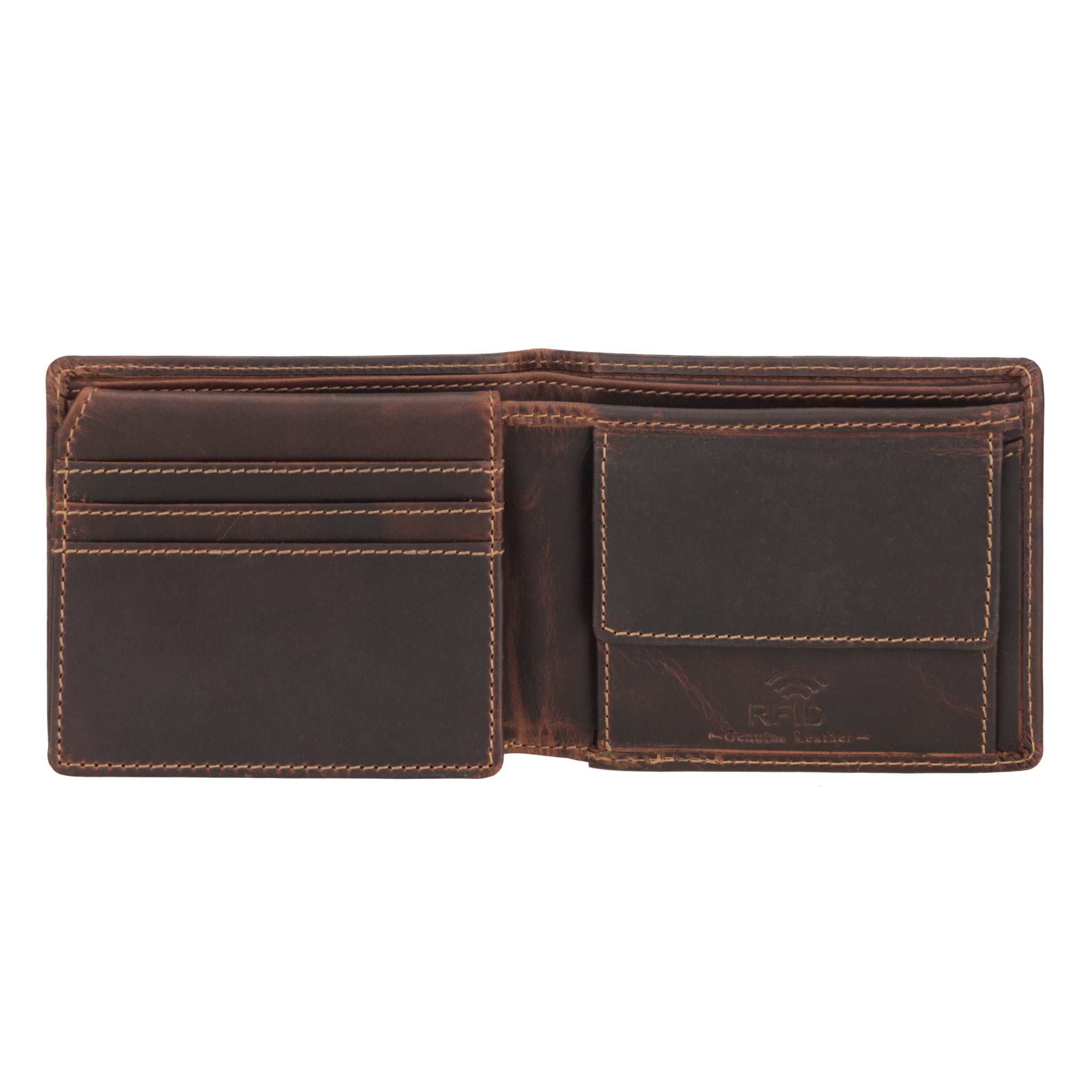 Minori Leather Charlie men's leather wallet in chestnut color, featuring multiple card slots and a sleek, classic design.