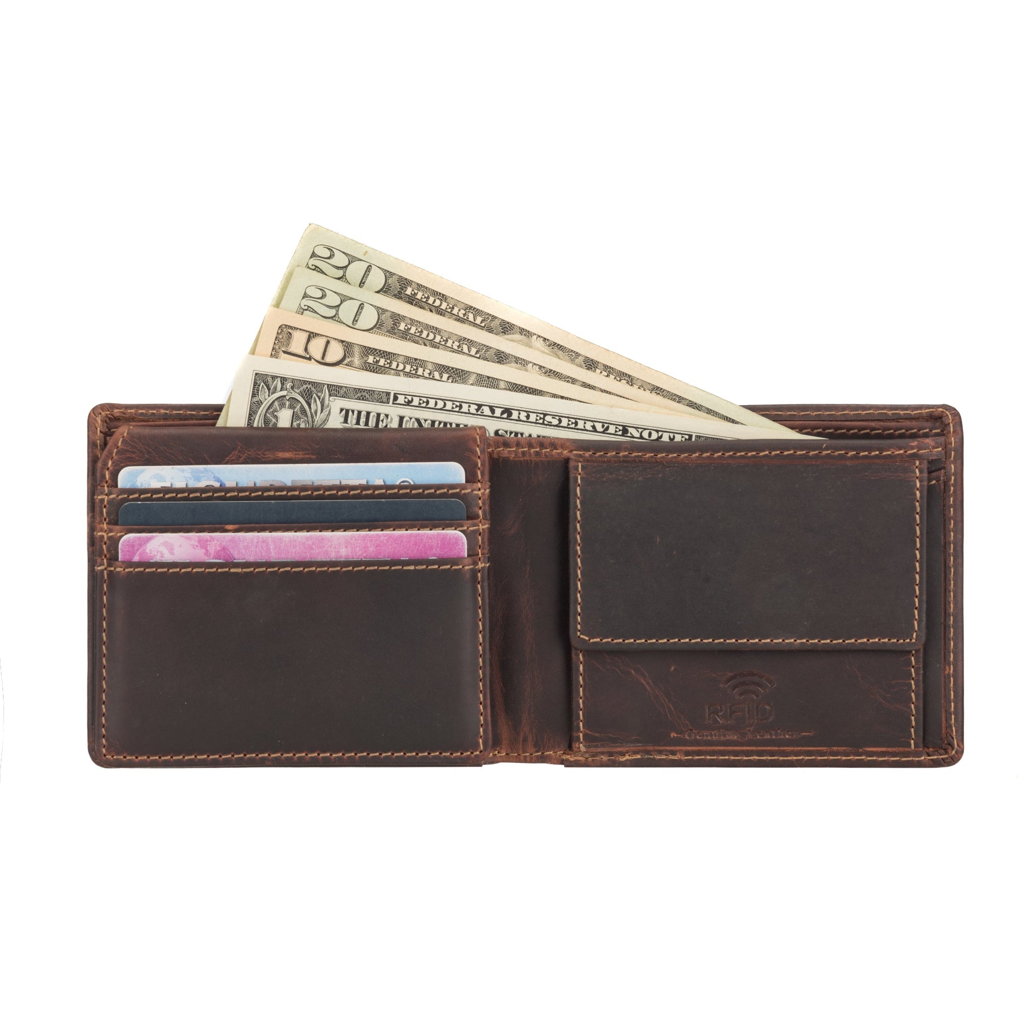 Minori Leather Charlie men's leather wallet in chestnut, featuring multiple card slots and a sleek, classic design.