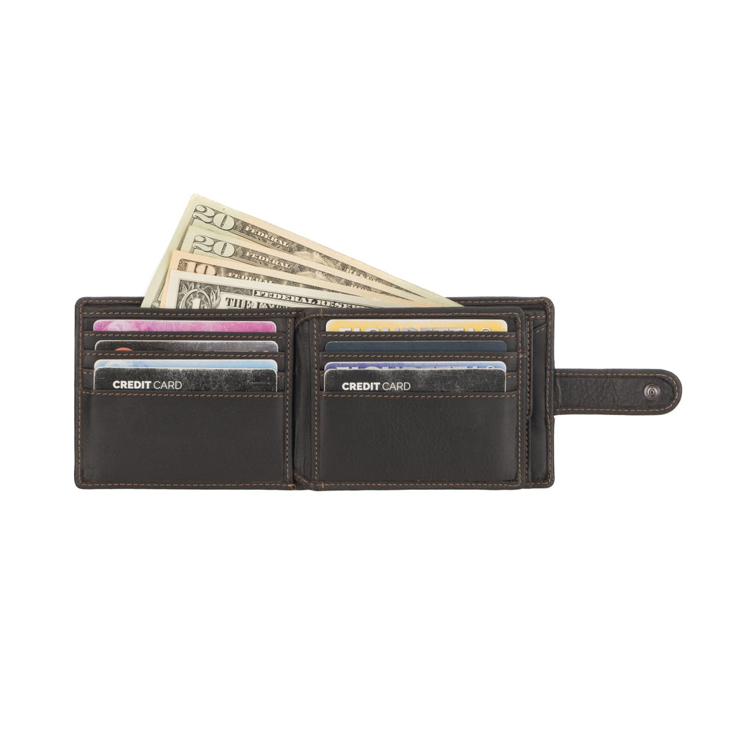 Brown Minori Leather Phoenix leather clip wallet for men with card slots and sleek design, shown on a plain background.