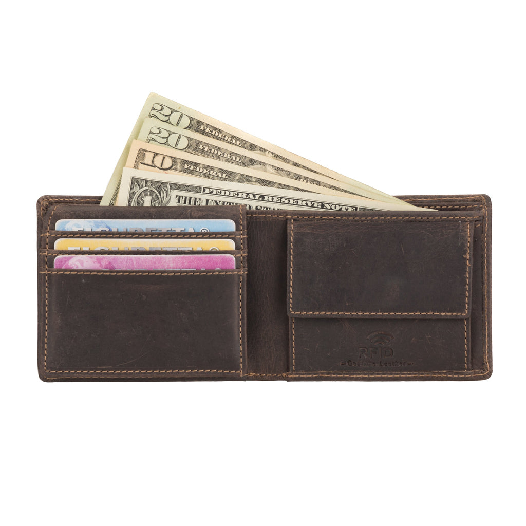 Minori Leather Charlie men's brown leather wallet with multiple card slots and a sleek, classic design.