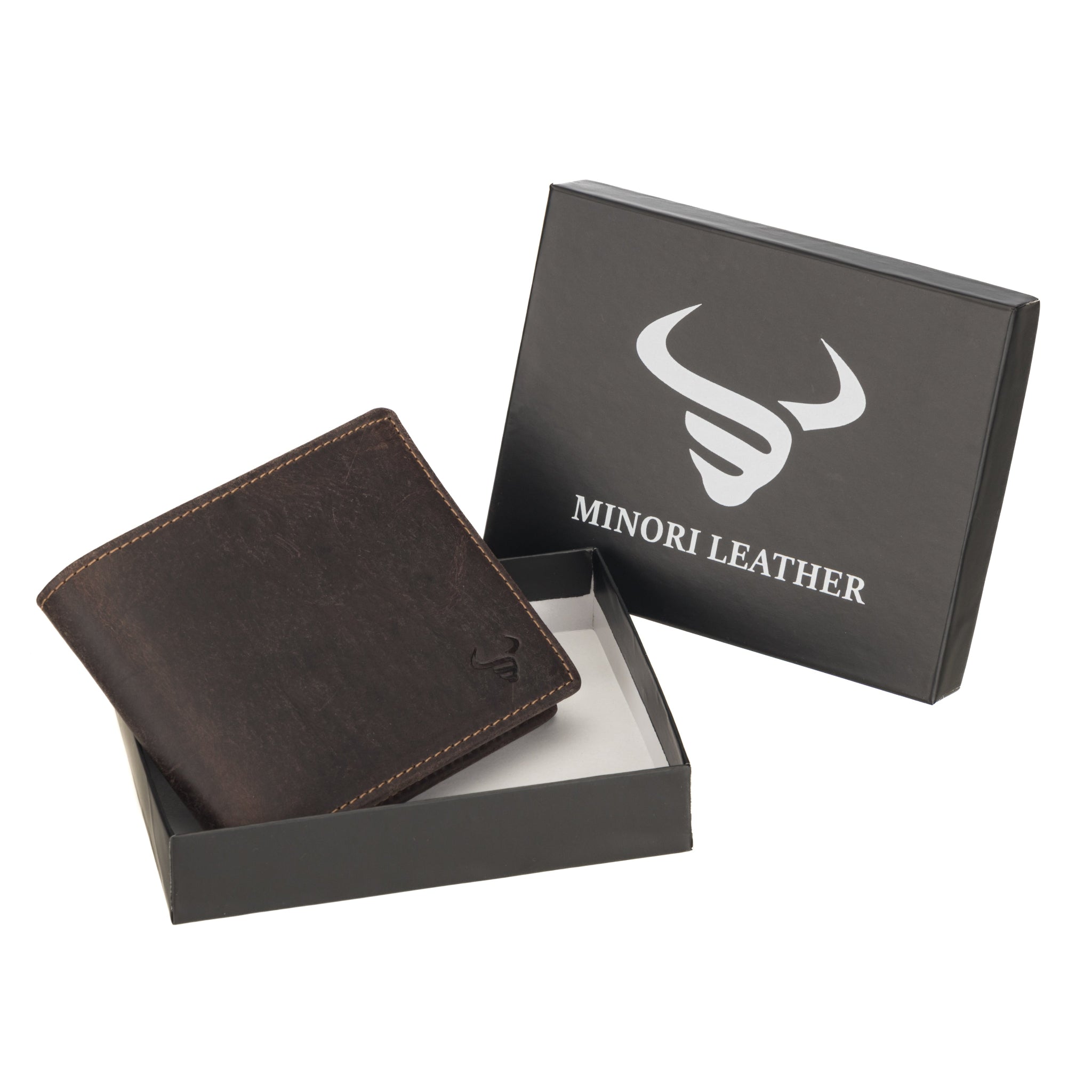 Brown Charlie leather wallet for men by Minori Leather, featuring multiple card slots and a sleek, classic design.