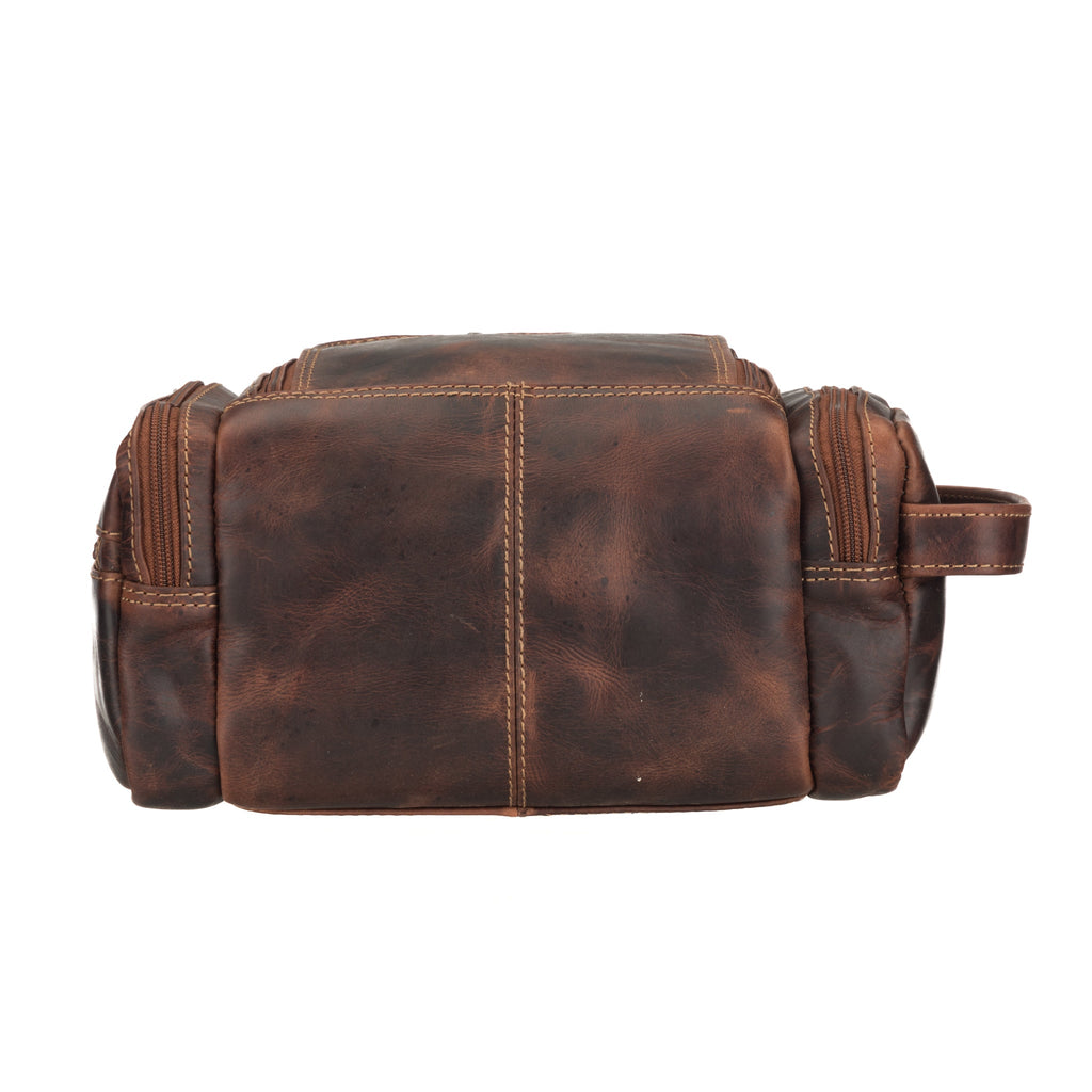 Minori Leather Winston chestnut leather toiletry bag for men with zip closure and compact design for travel storage.