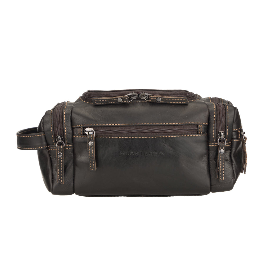 Minori Leather Winston brown leather toiletry bag for men with multiple compartments and sturdy handle.
