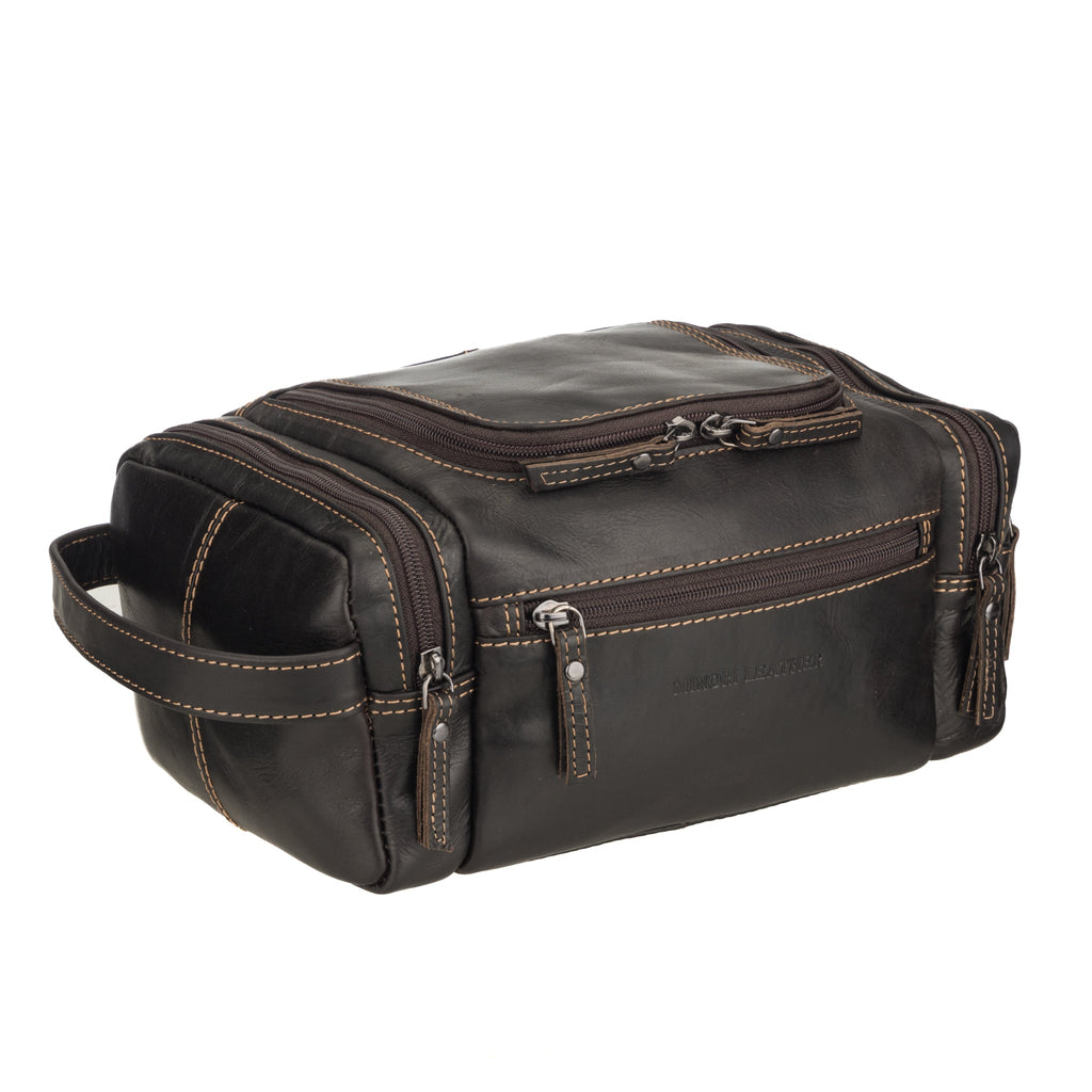 Brown premium leather toiletry bag for men by Minori Leather, featuring a sleek design and ample storage space for travel essentials.