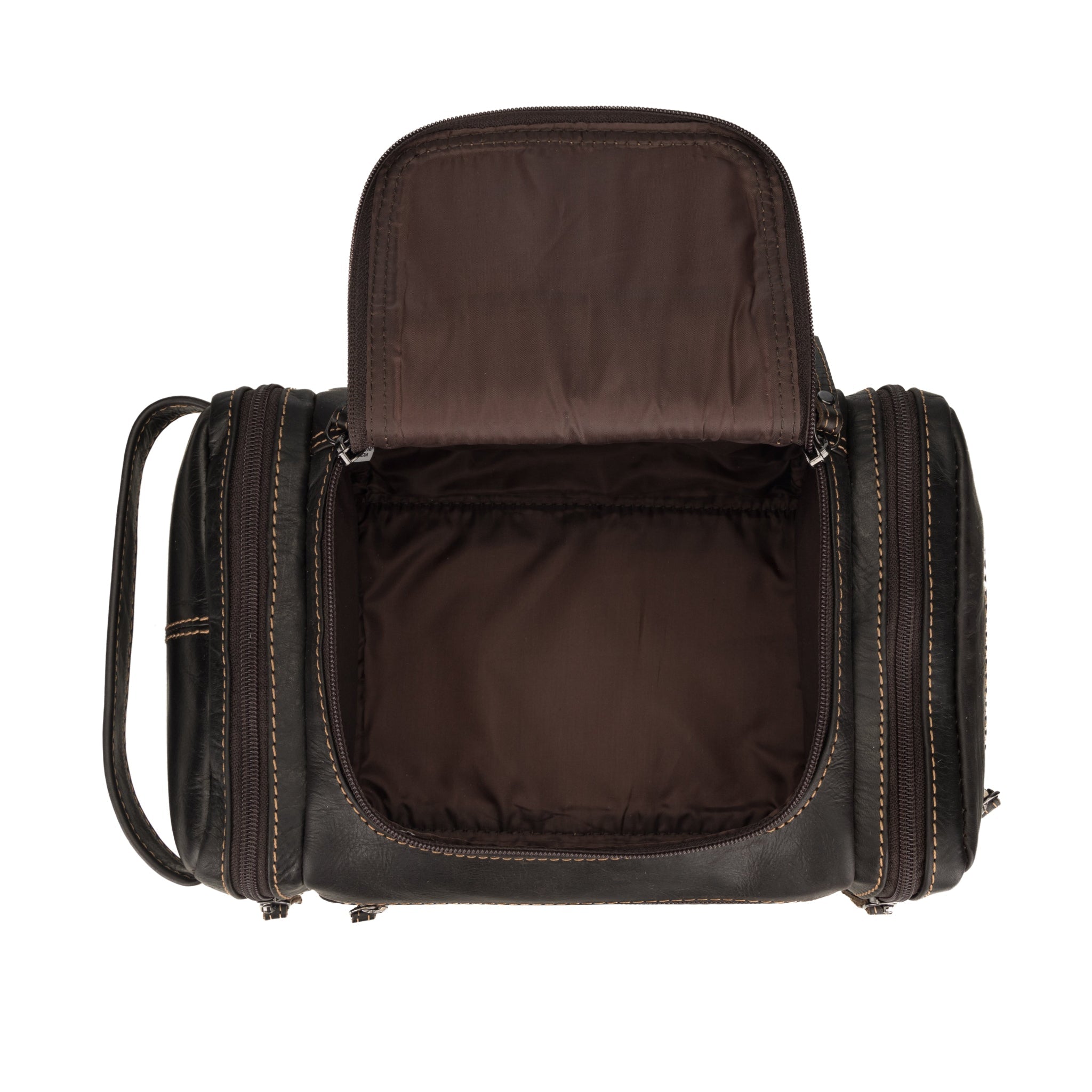 Brown leather toiletry bag for men by Minori Leather, Winston premium leather toiletry bag with zip compartments and sturdy handle.