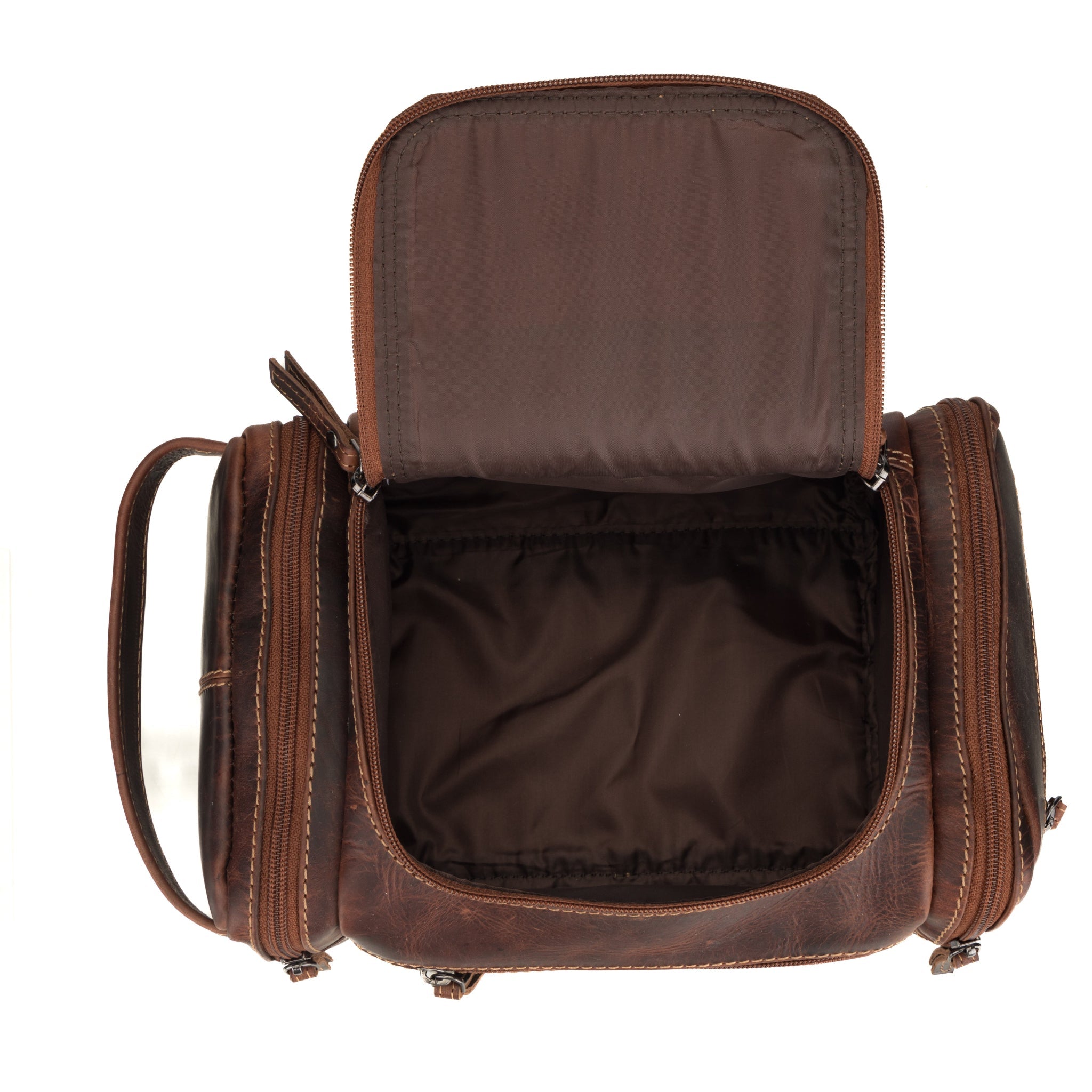 Minori Leather Winston chestnut leather toiletry bag for men with zippered compartments and durable handle.