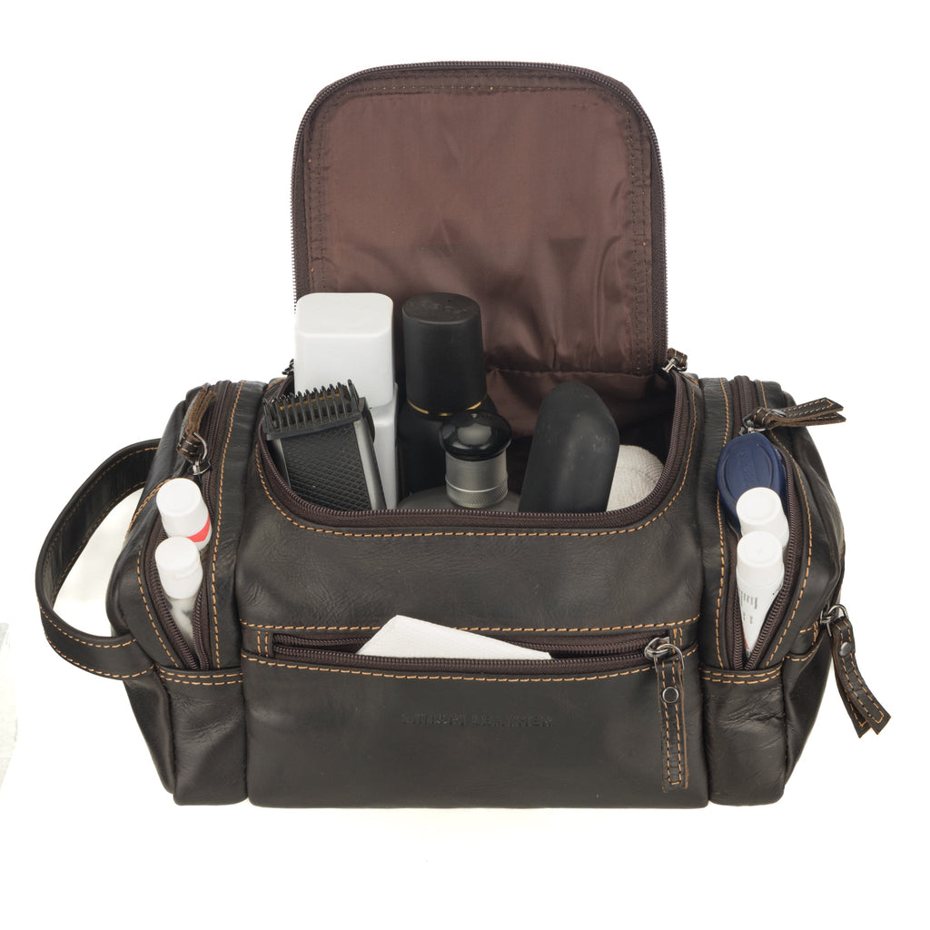 Brown Minori Leather men's toiletry bag with premium leather finish, compact design, and sturdy zipper for travel organization.