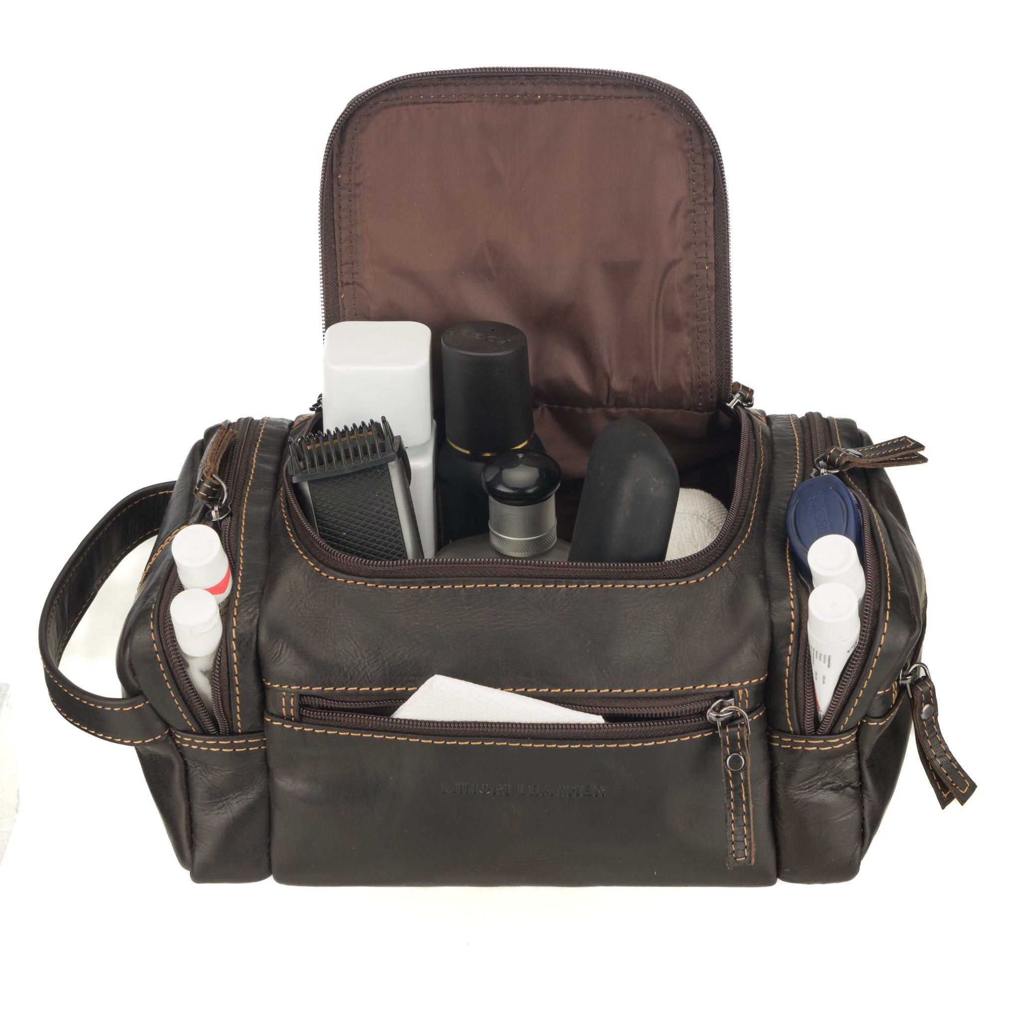 Brown Minori Leather men's toiletry bag with premium leather finish, compact design, and sturdy zipper for travel organization.