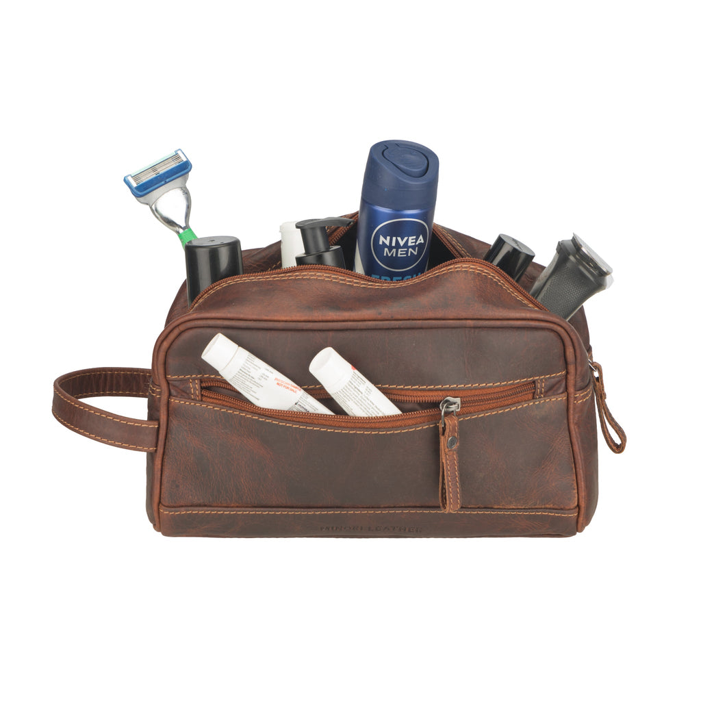 Minori Leather Premium Chestnut Leather Toiletry Bag for Men with multiple compartments and durable design.