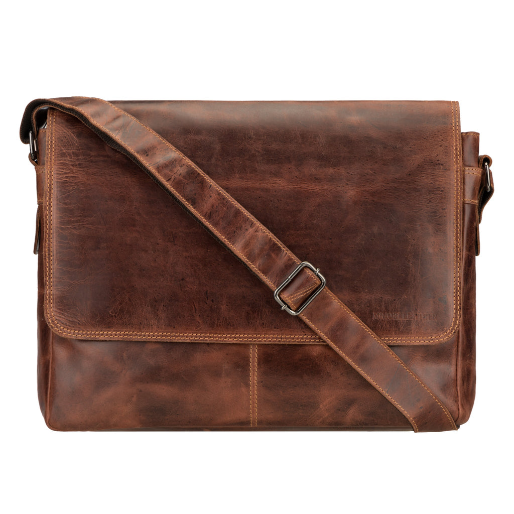 Minori Leather Richmond full grain leather laptop messenger bag for men, 16-inch work bag in chestnut with adjustable strap and front pocket.