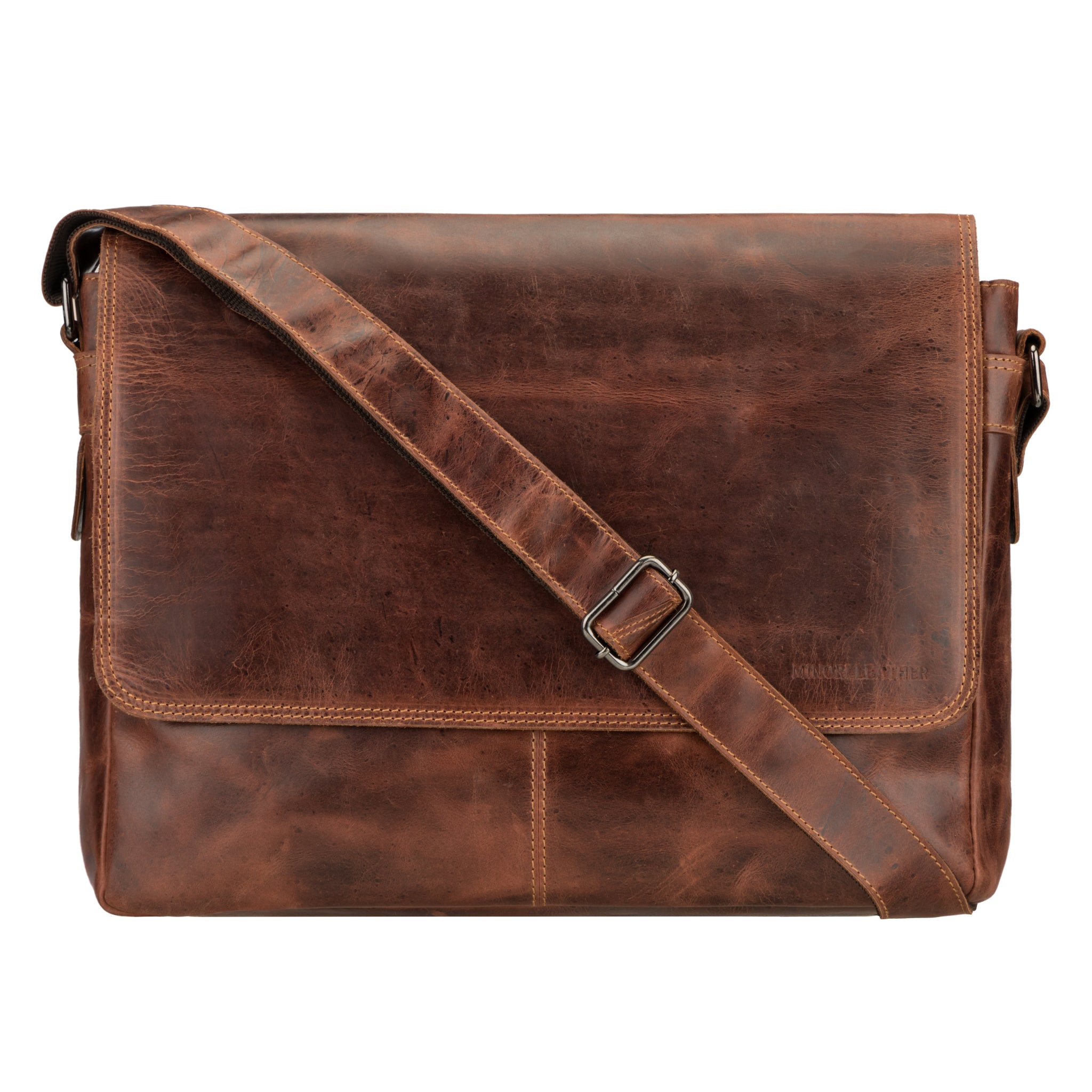 Minori Leather Richmond full grain leather laptop messenger bag for men, 16-inch work bag in chestnut with adjustable strap and front pocket.