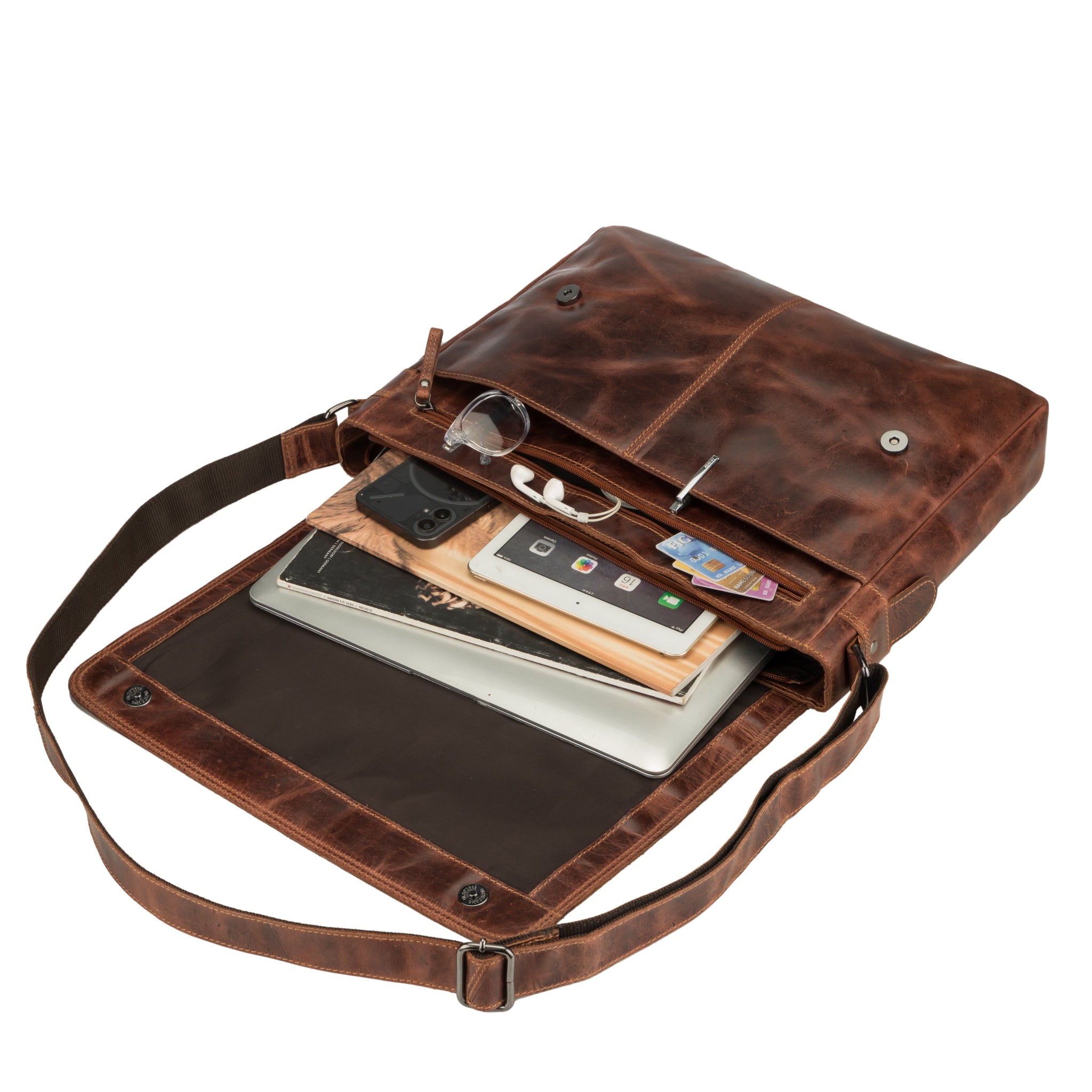 Richmond full grain leather laptop messenger bag for men, 16-inch work bag in chestnut by Minori Leather.