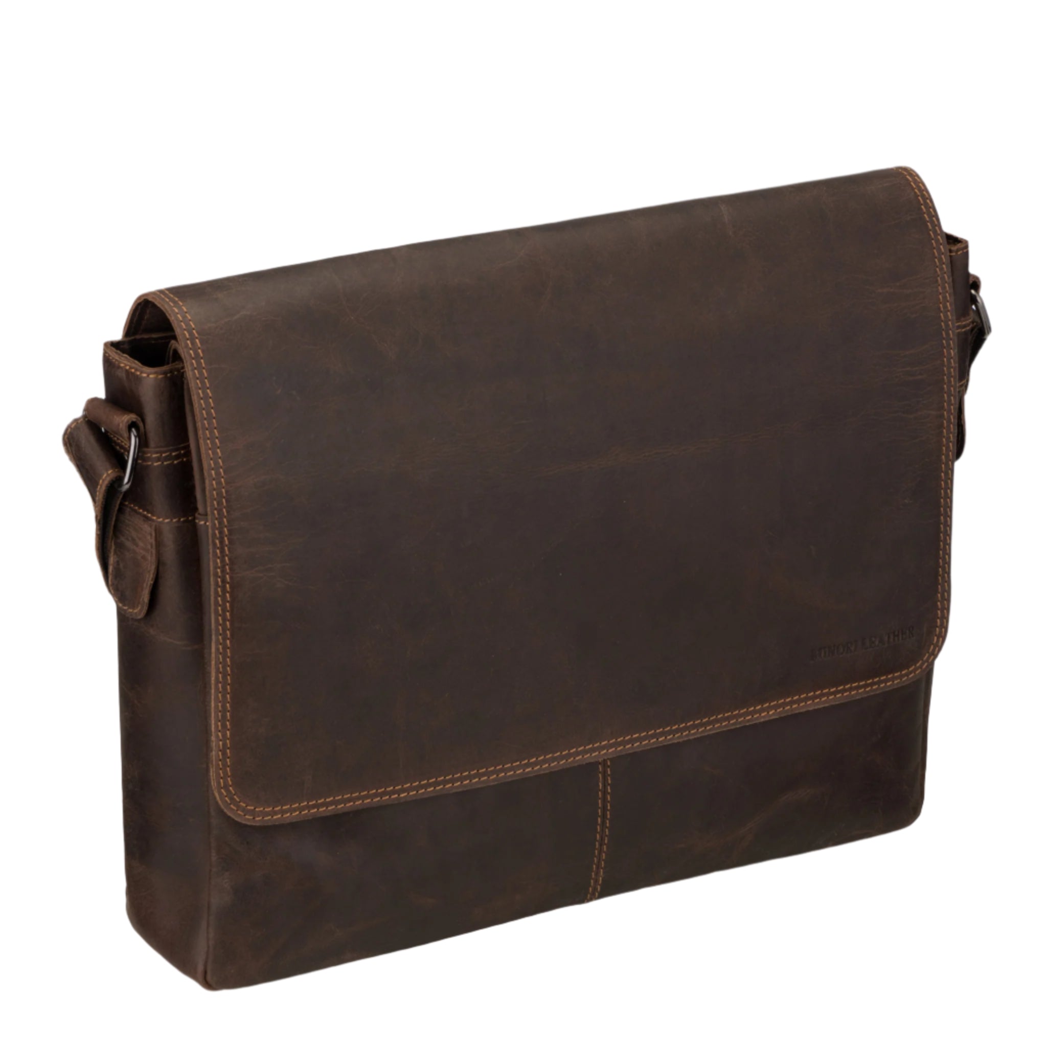 Minori Leather Richmond full grain leather laptop messenger bag for men, 16-inch work bag in brown, with adjustable shoulder strap.