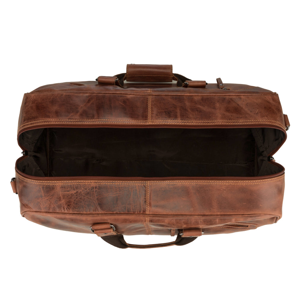 Minori Leather Hudson unisex chestnut leather duffle bag with sturdy handles and spacious interior for travel.