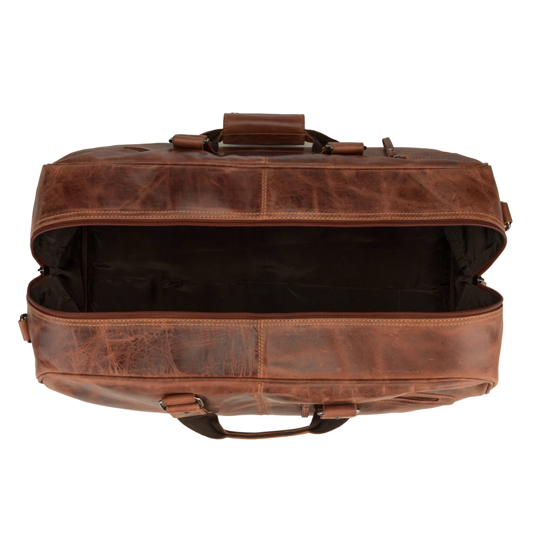 Minori Leather Hudson unisex chestnut leather duffle bag with sturdy handles and spacious interior for travel.