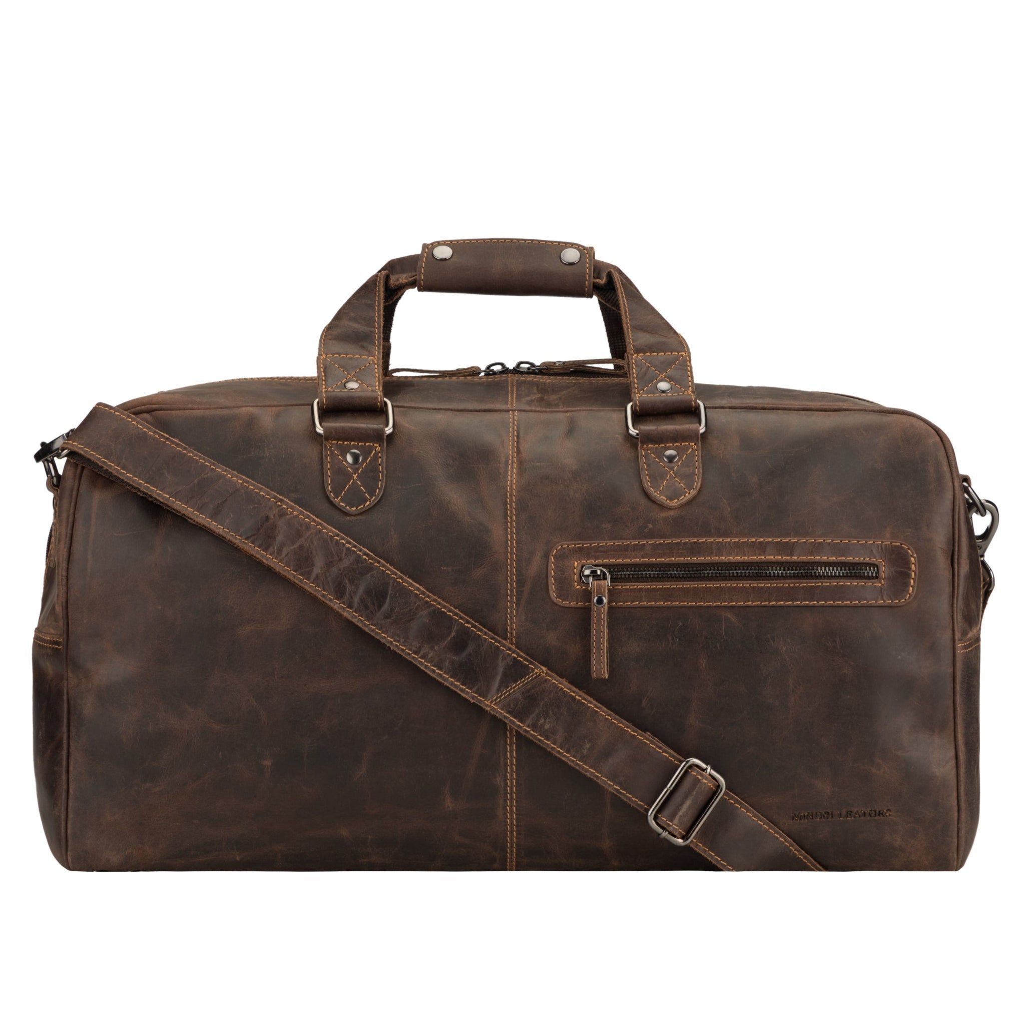 Minori Leather Hudson unisex brown leather duffle bag with sturdy handles and spacious interior for travel or weekend trips.