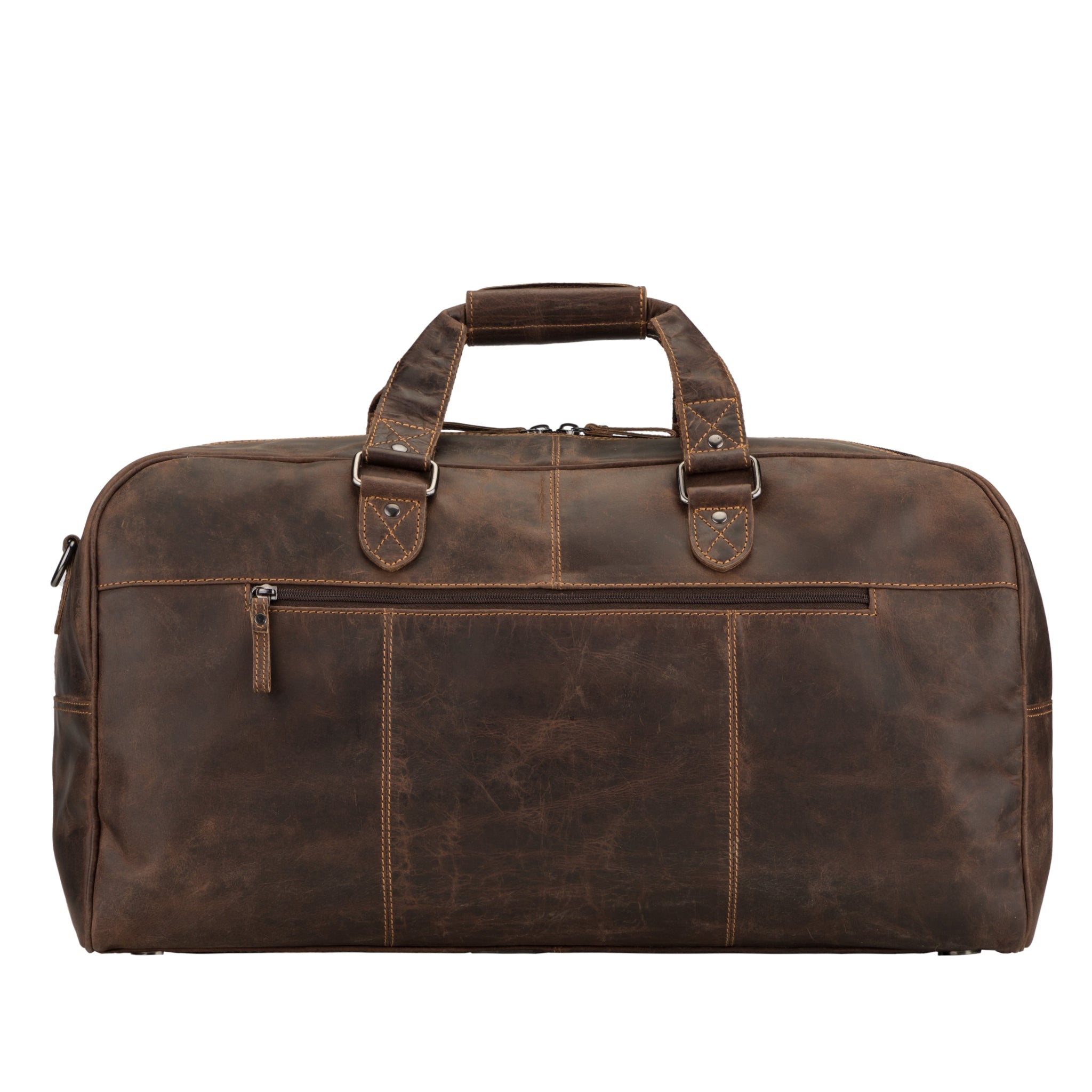 Minori Leather Hudson brown leather duffle bag for men and women, stylish unisex travel and gym bag with sturdy handles.