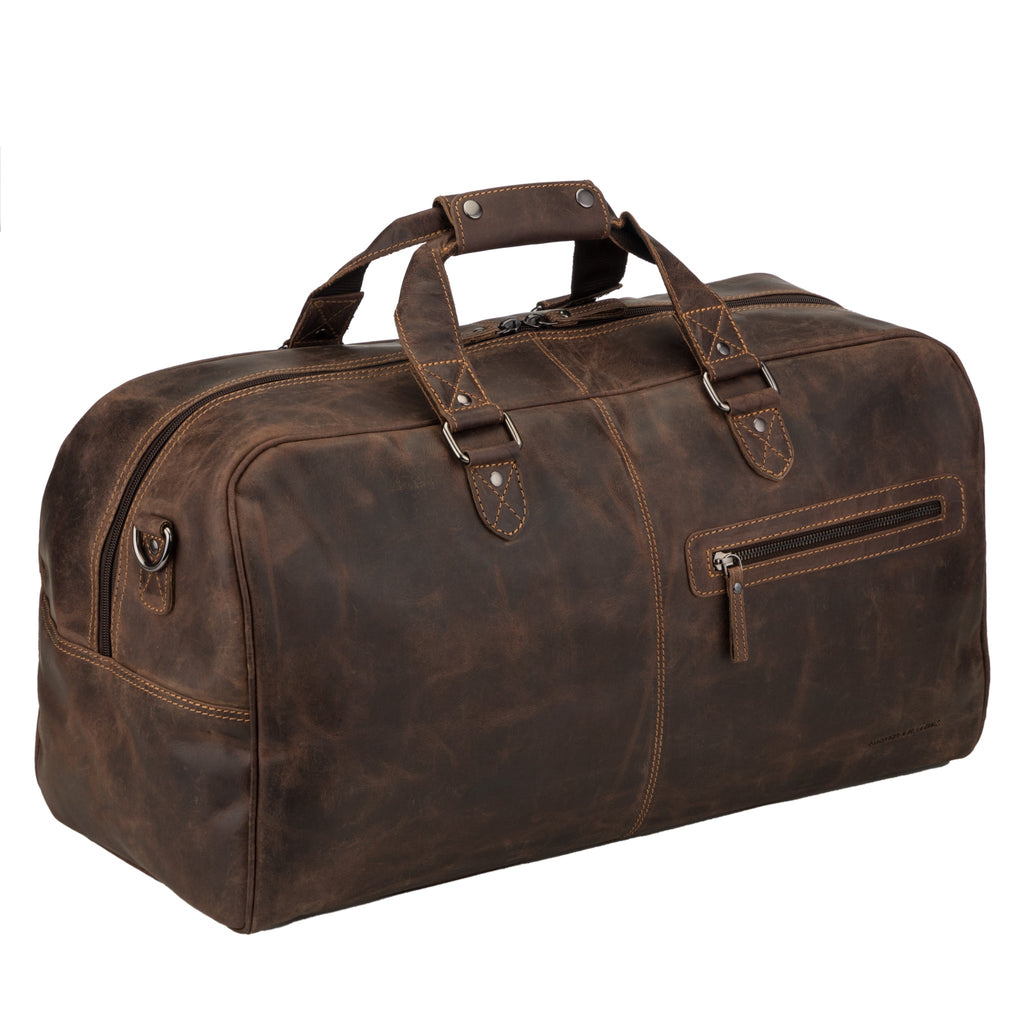 Brown Hudson leather duffle bag by Minori Leather, unisex travel bag with sturdy handles and spacious interior.