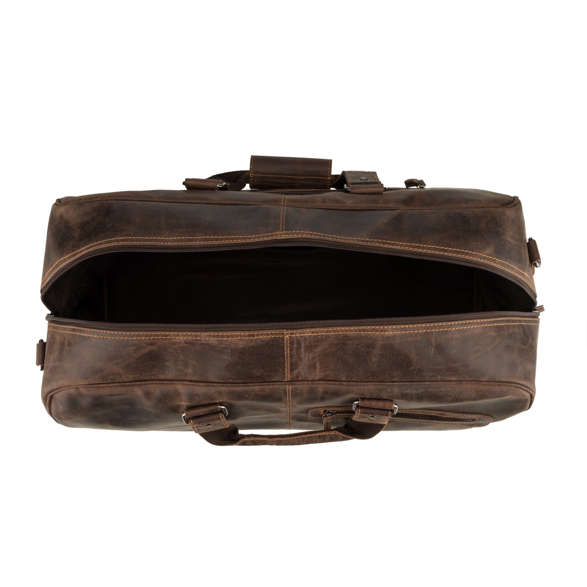 Brown Hudson leather duffle bag by Minori Leather, unisex design with sturdy handles and spacious interior for travel or gym use.