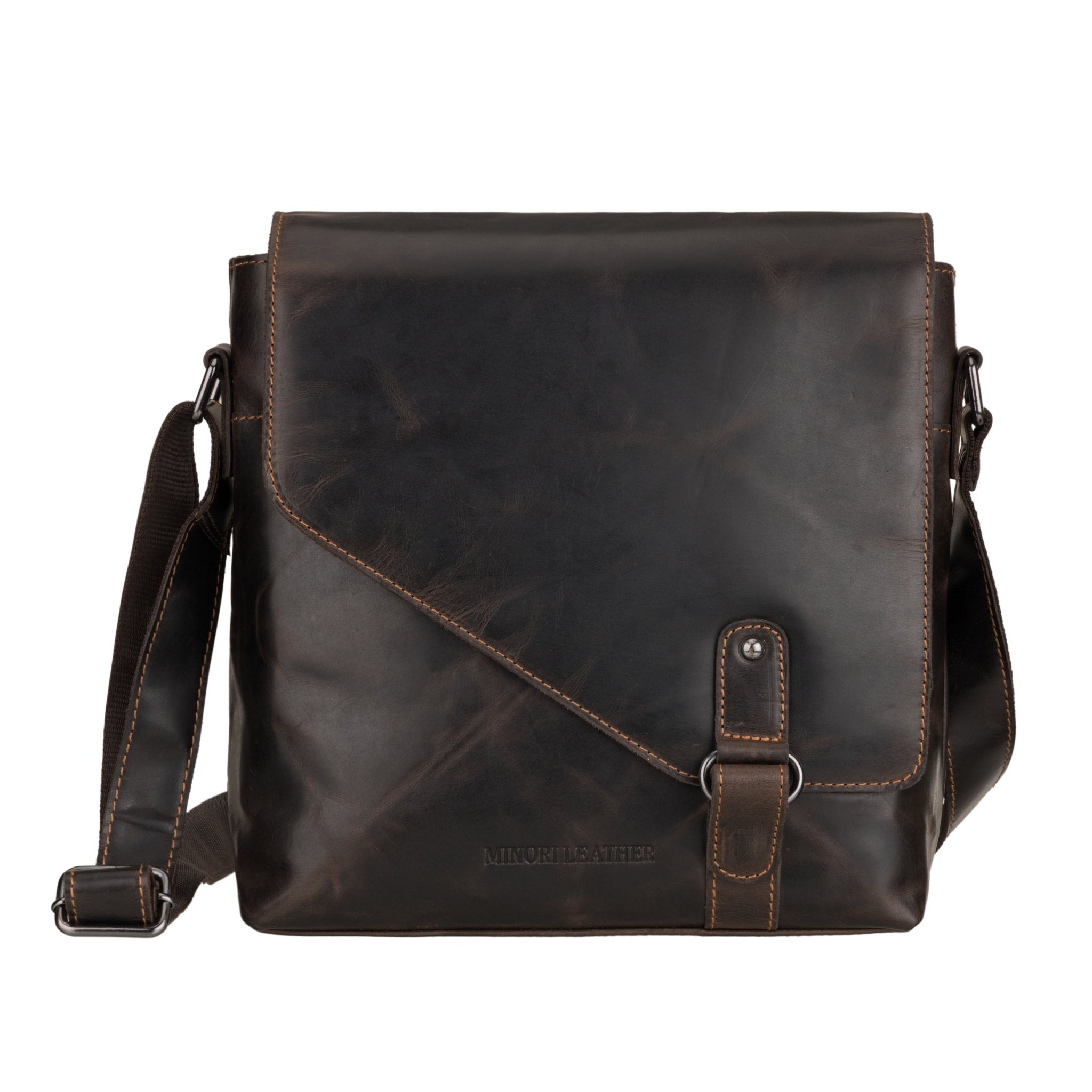 Minori Leather Noah brown leather crossbody satchel bag with adjustable strap and sleek design.