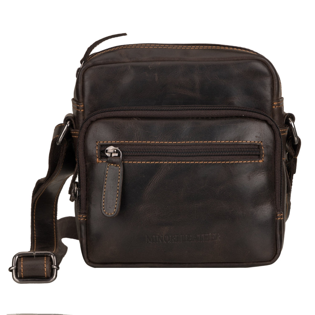Minori Leather Cove Brown Crossbody Bag showcasing adjustable strap and sleek leather design.