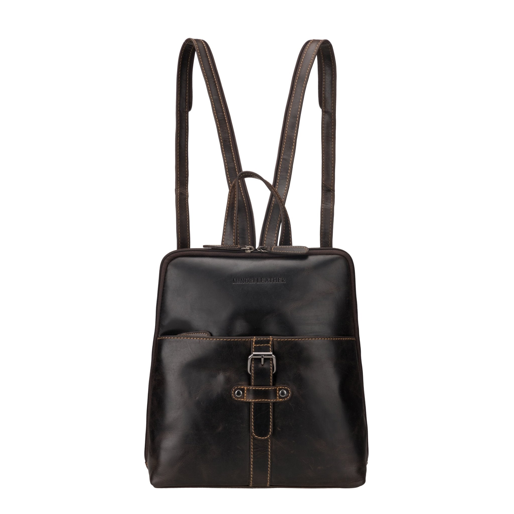 Brown Isla leather backpack for women by Minori Leather, featuring a stylish and functional design with adjustable straps.