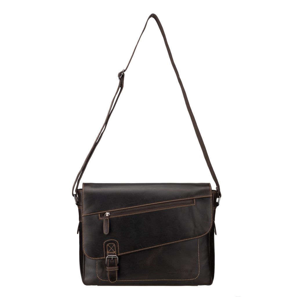 Brown premium leather messenger laptop bag for 14-inch computers by Minori Leather, featuring a stylish Chicago design.