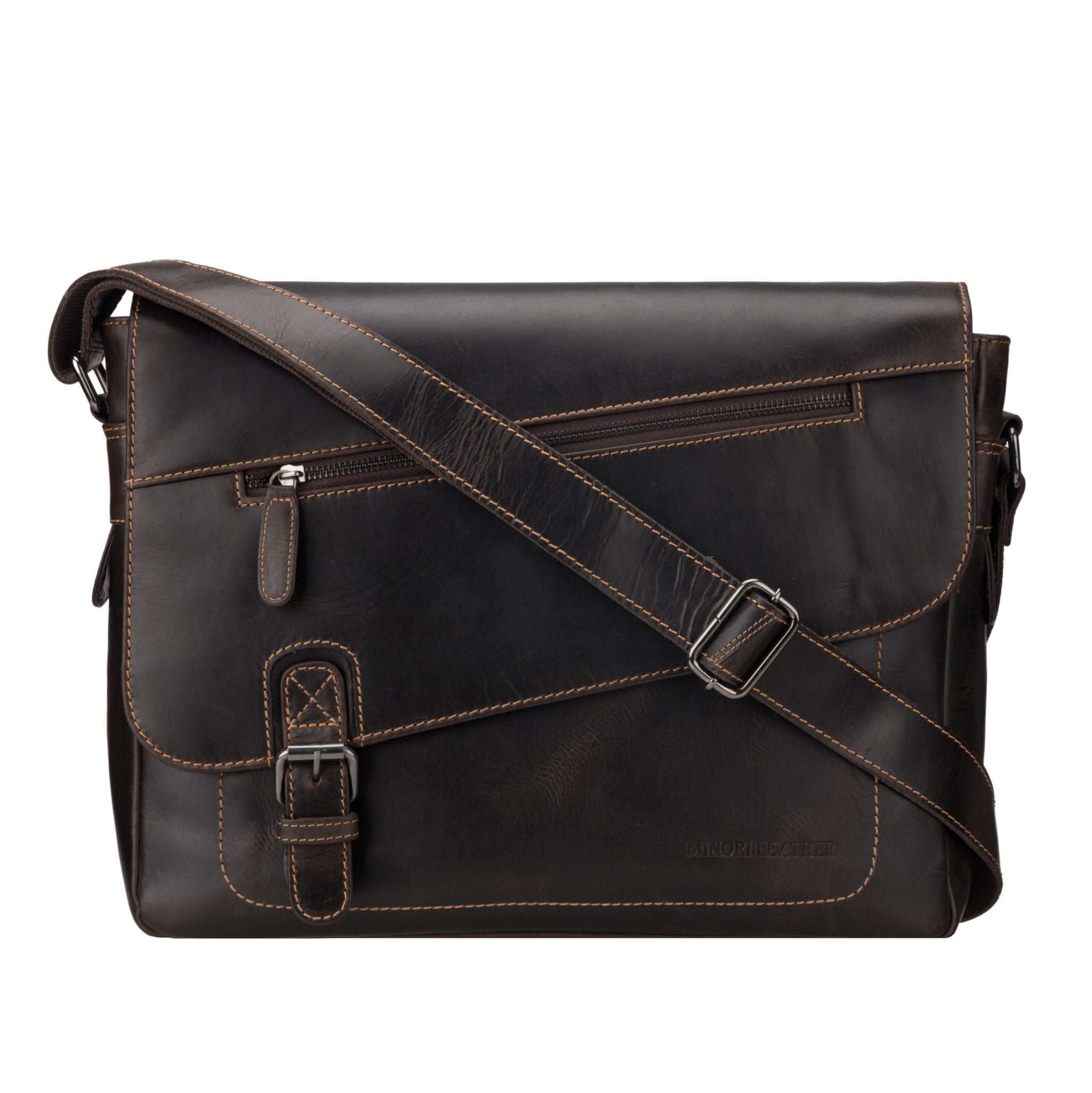 Brown Minori Leather messenger bag for 14-inch laptops, premium leather design with sturdy shoulder strap and classic style.
