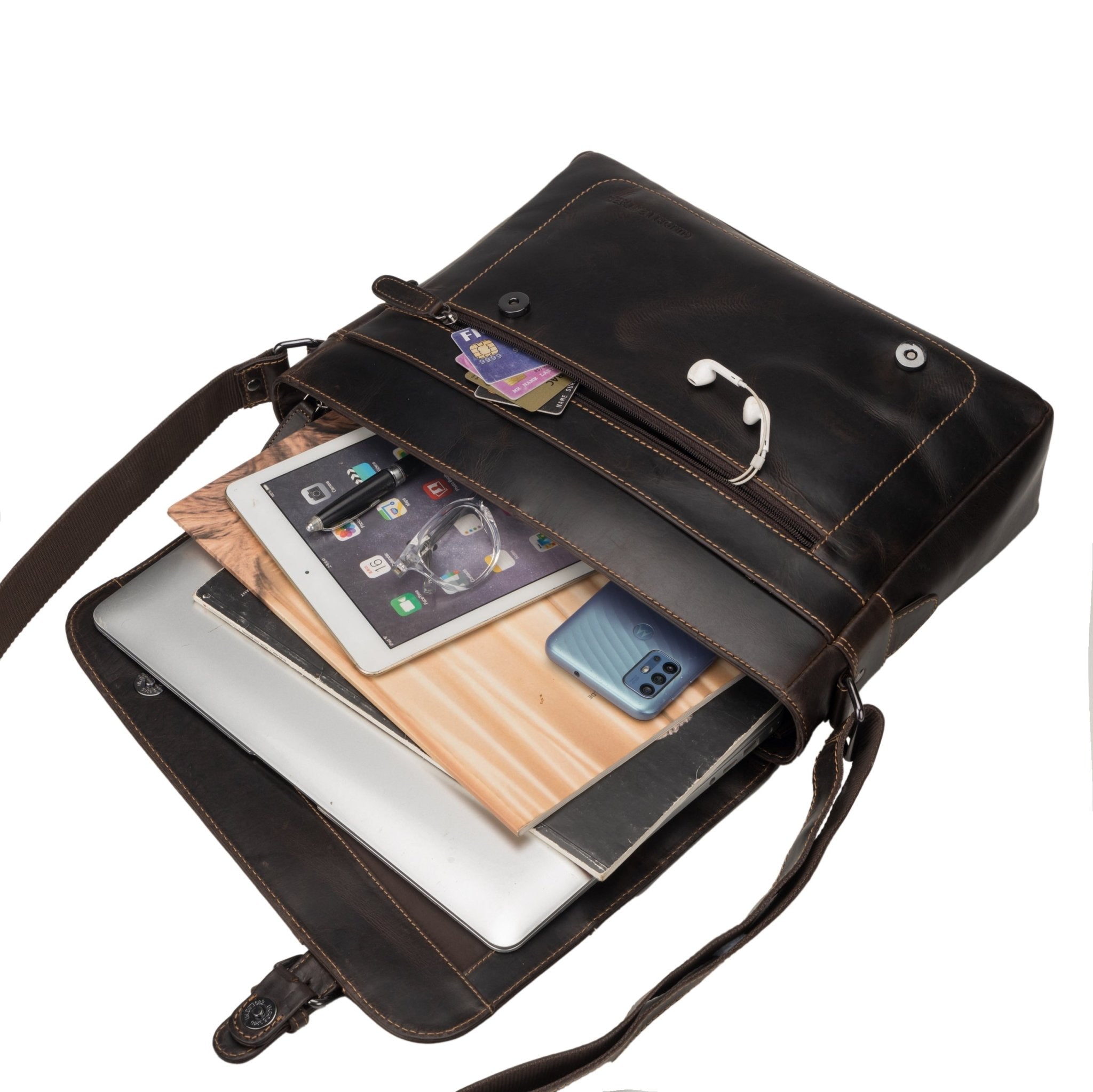 Brown Minori Leather 14-inch messenger laptop bag with adjustable strap and multiple compartments, stylish and durable for daily use.