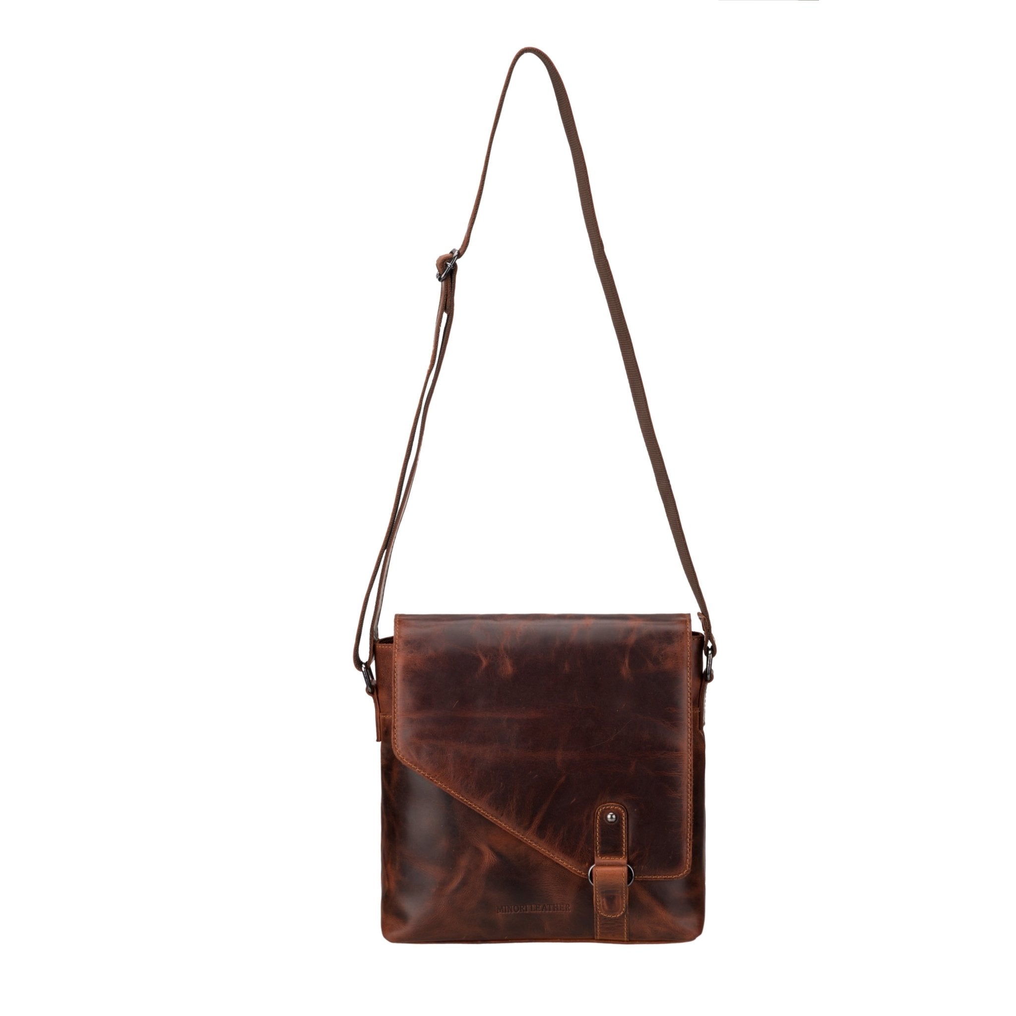 Minori Leather Noah leather crossbody satchel bag in chestnut with adjustable strap and sleek design.