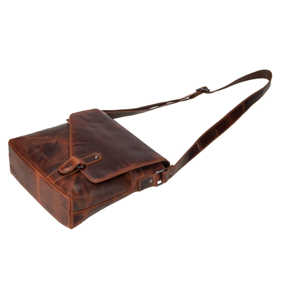 Minori Leather Noah chestnut leather crossbody satchel bag with adjustable strap and top zipper closure.