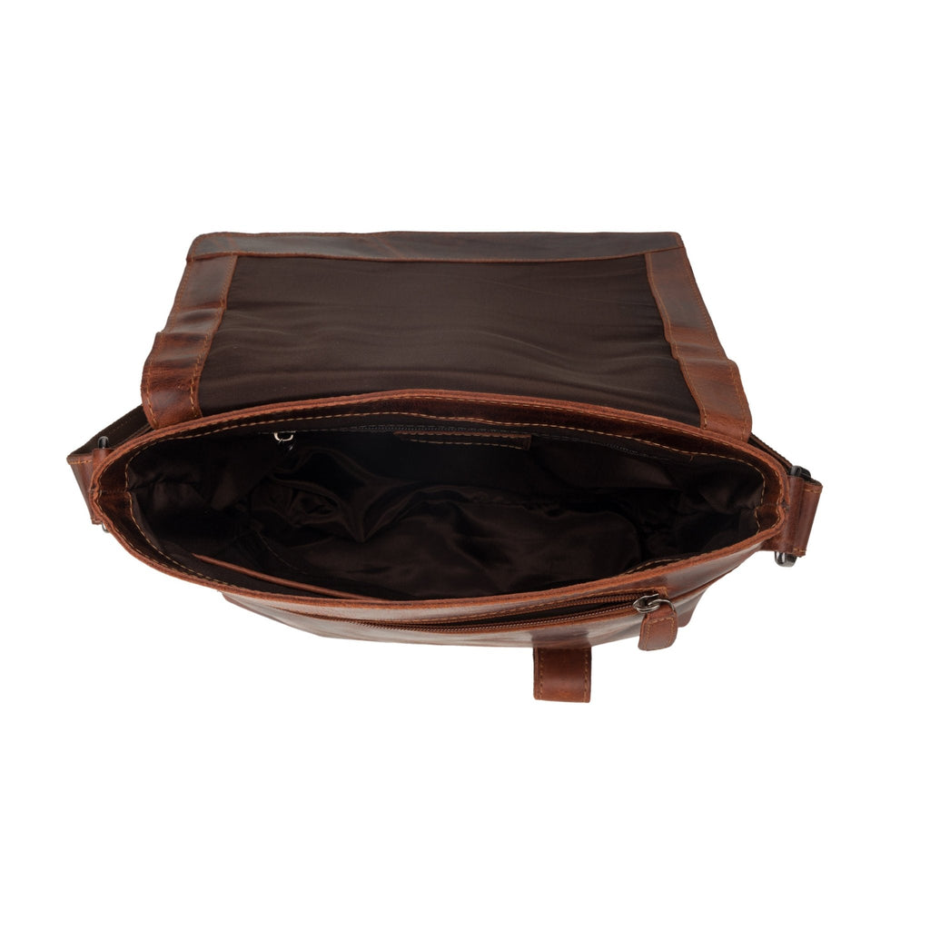 Minori Leather Noah chestnut leather crossbody satchel bag with adjustable strap and sleek design.