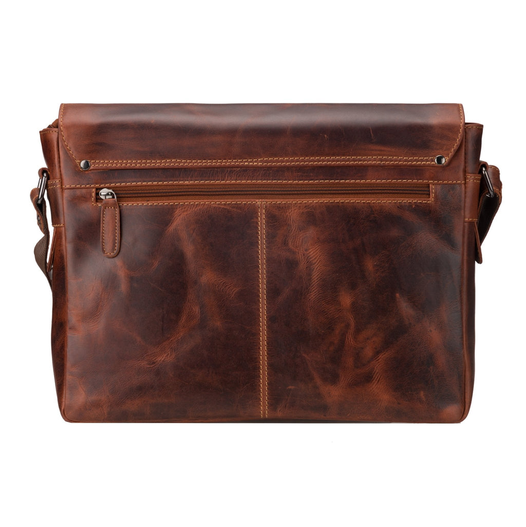 Minori Leather 14-inch chestnut leather messenger bag for laptops, featuring a sleek, classic design with sturdy shoulder strap.
