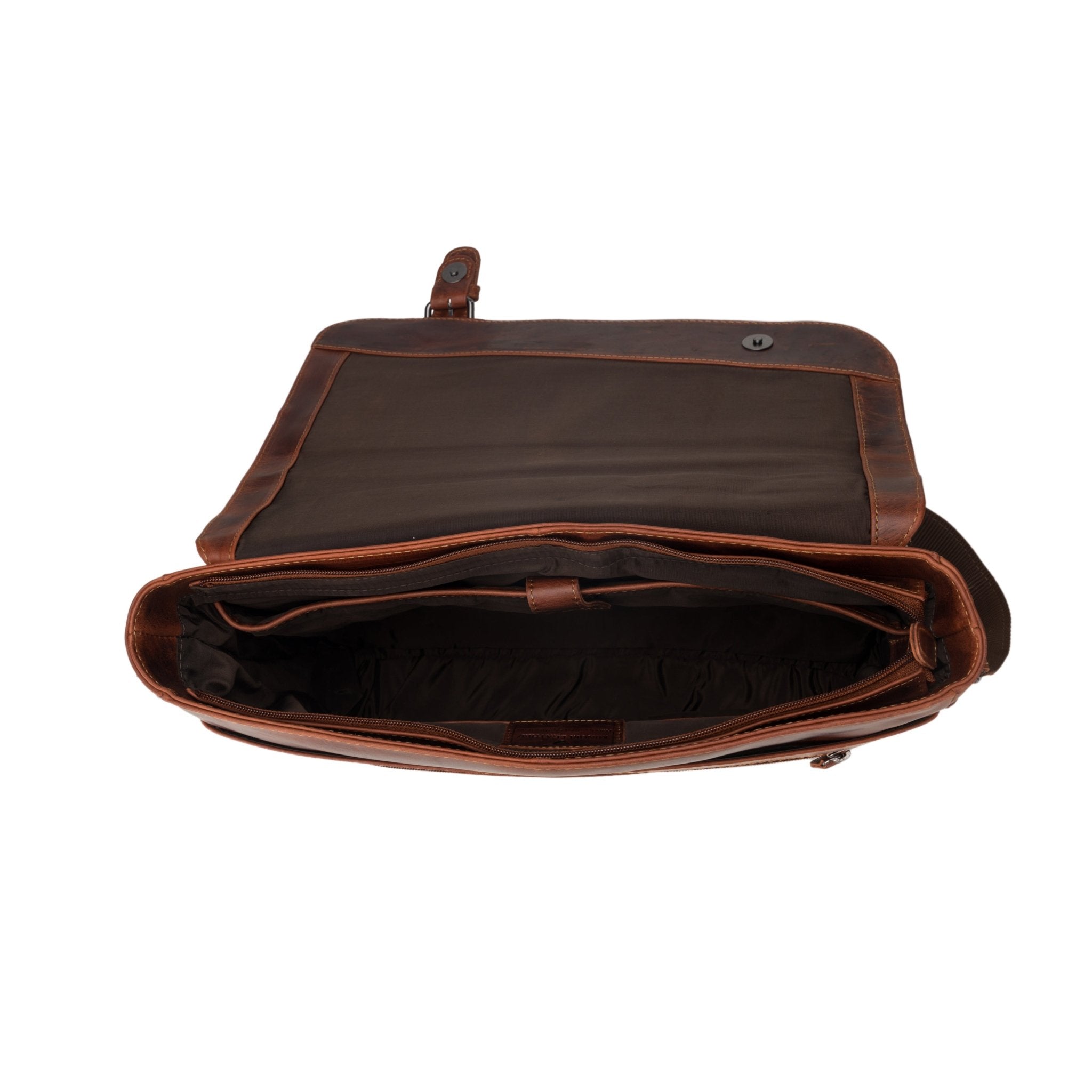 Minori Leather 14-inch Chestnut leather messenger bag with adjustable strap and front pocket, designed for laptops and everyday use.