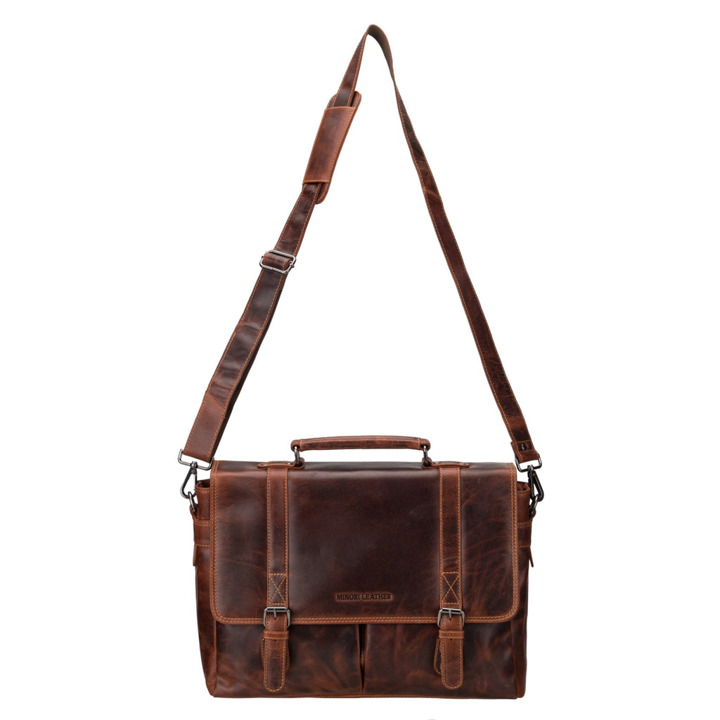 Minori Leather Boston Leather Briefcase Bag 16" in chestnut, unisex professional briefcase with sturdy leather construction.