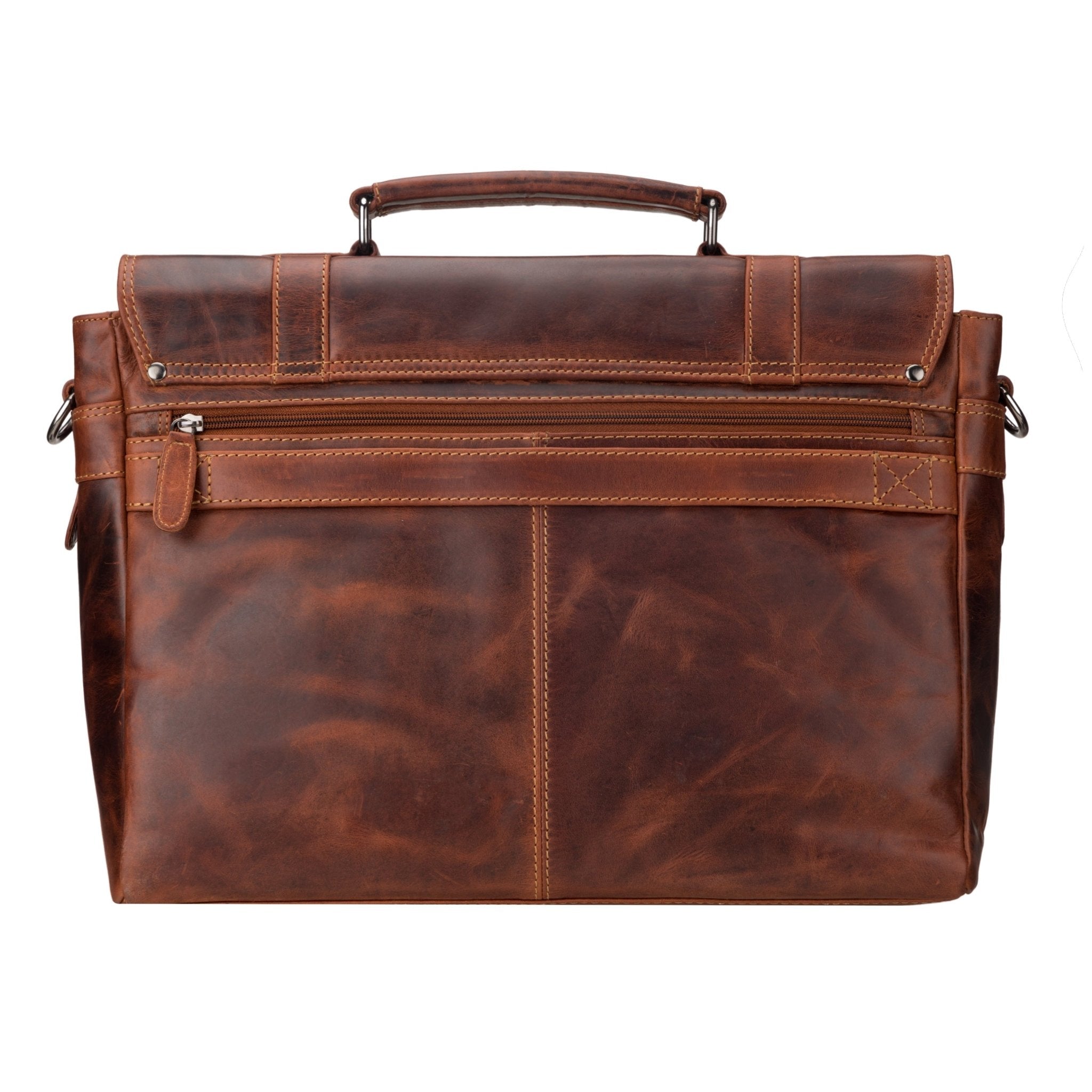 Unisex Boston Leather Briefcase Bag in chestnut from Minori Leather, 16-inch size with sturdy handles and classic design.