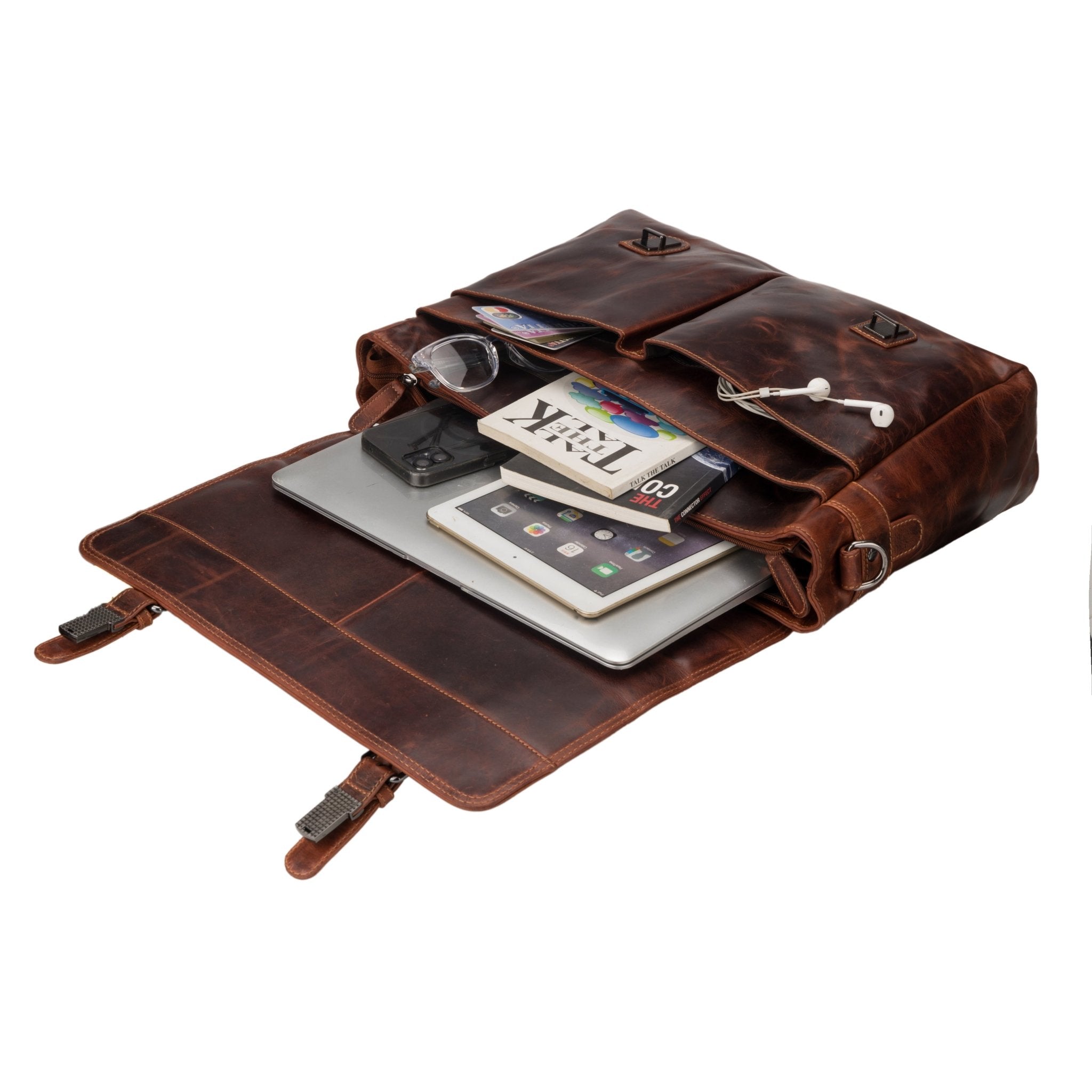 Minori Leather Boston leather briefcase bag in chestnut, 16-inch unisex design with sturdy handles and sleek appearance.