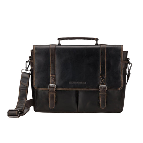 Brown Boston Leather briefcase bag by Minori Leather, 16-inch unisex design with sturdy handles and classic professional style.