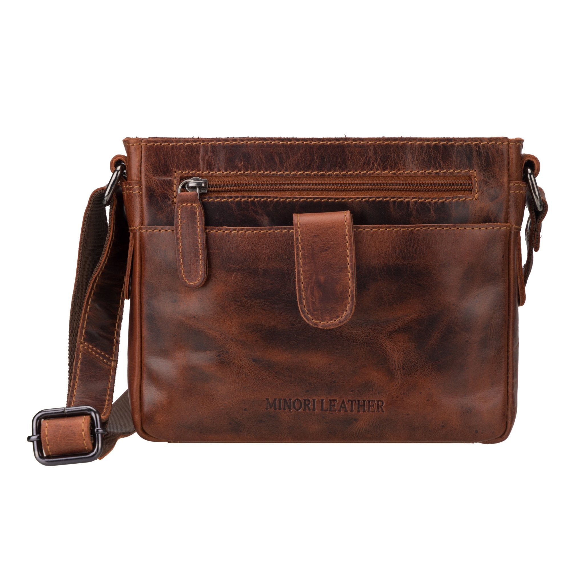 Minori Leather unisex chestnut leather crossbody bag with adjustable strap and minimalist design.
