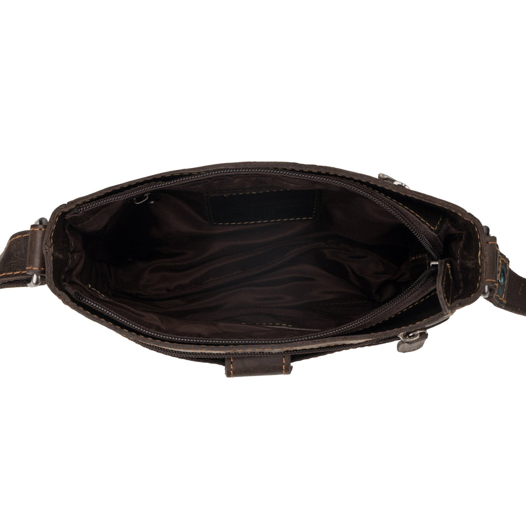 Brown Kingston leather crossbody bag by Minori Leather, unisex style with adjustable strap and sleek design.