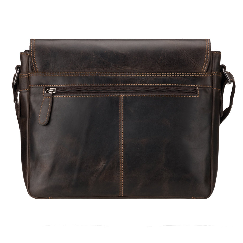 Brown Austin leather satchel bag by Minori Leather, 11-inch unisex crossbody bag with adjustable strap and classic design.
