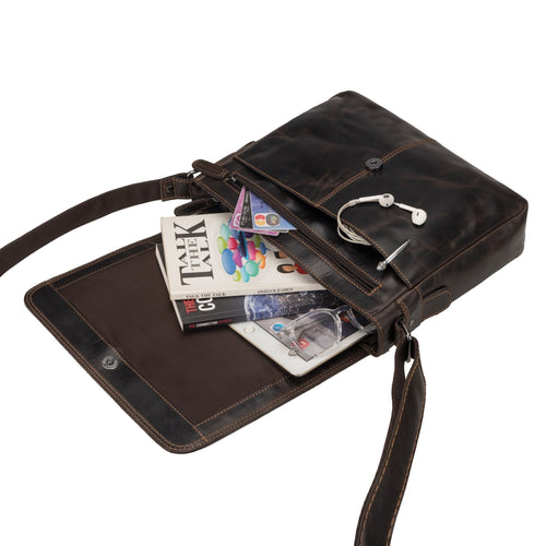 Brown Austin leather satchel bag by Minori Leather, unisex crossbody style with adjustable strap and classic design.